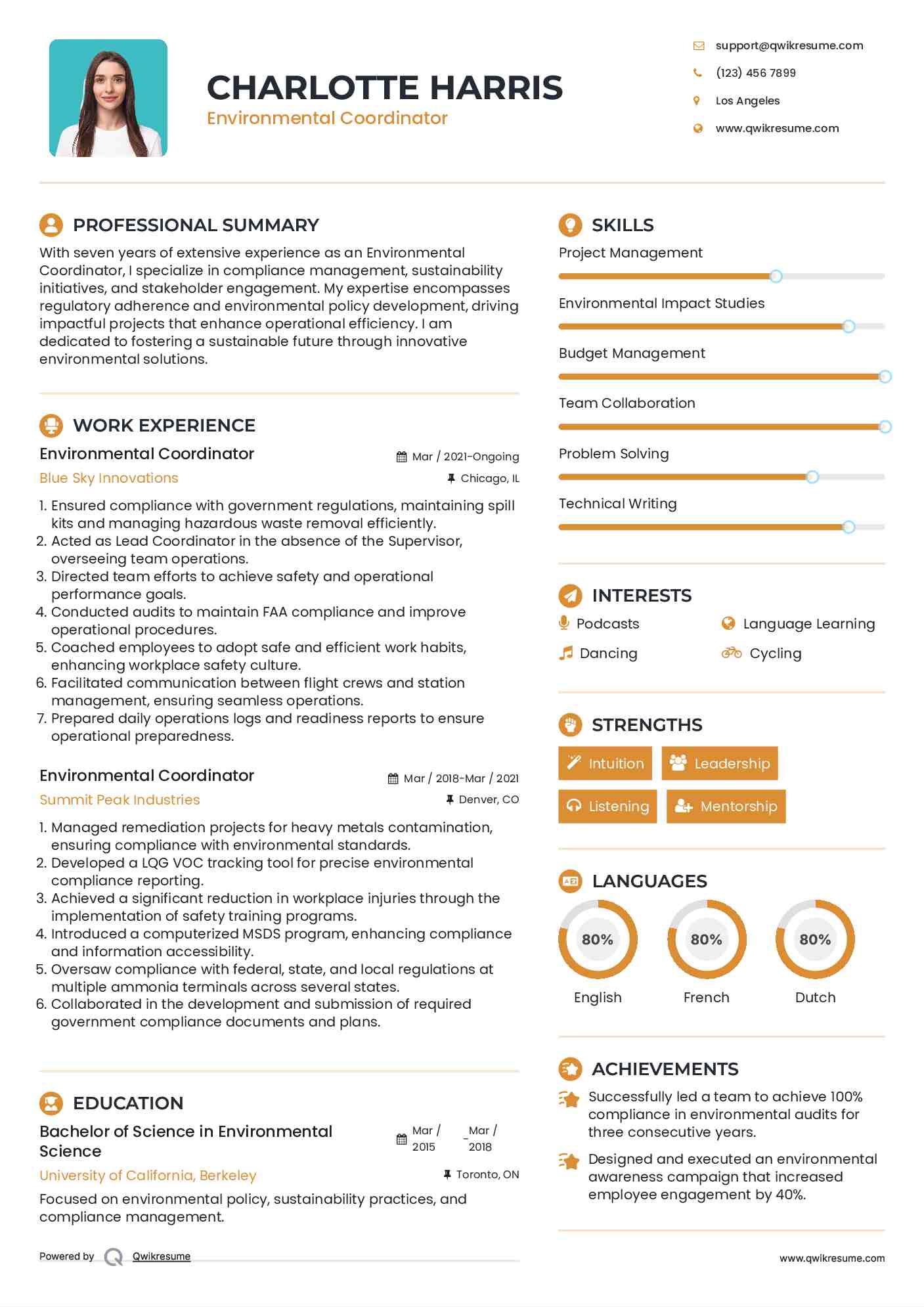 Environmental Coordinator Resume Example