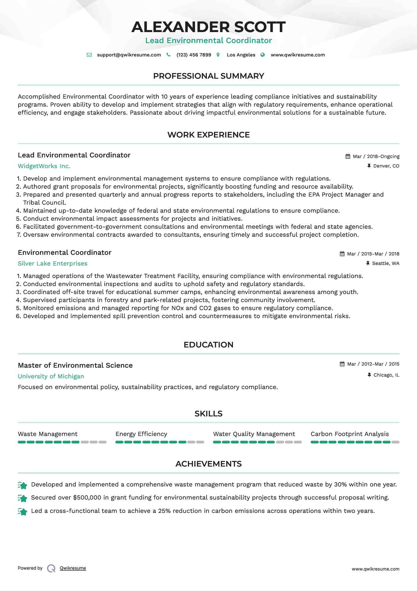 Lead Environmental Coordinator Resume Model