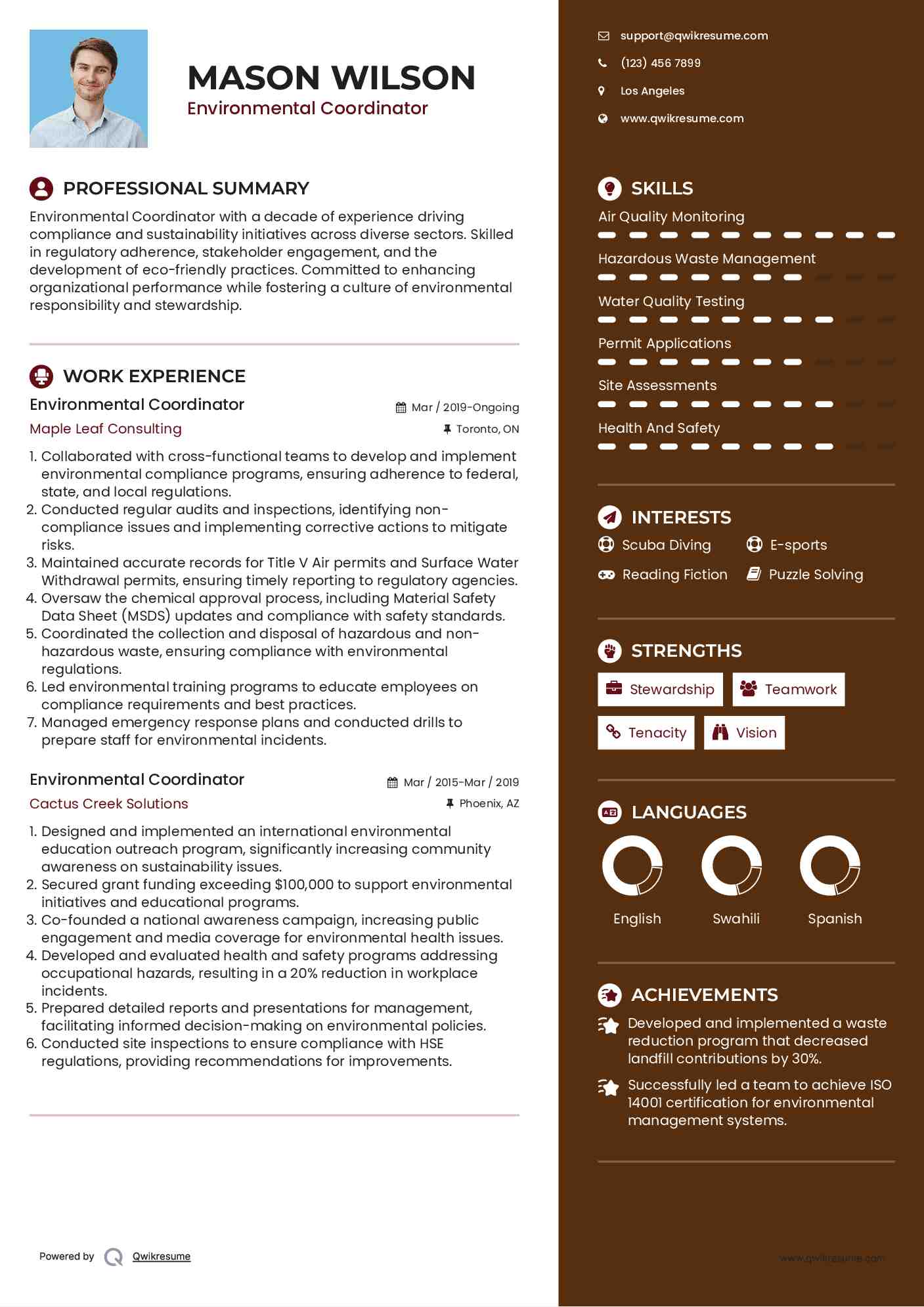 Environmental Coordinator Resume Samples QwikResume