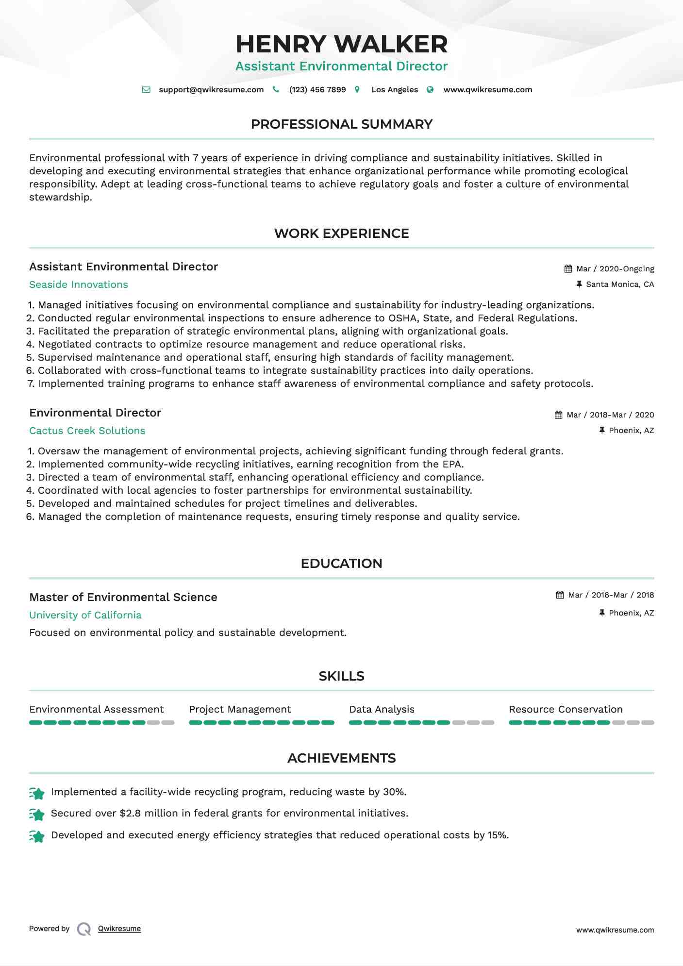 Assistant Environmental Director Resume Sample