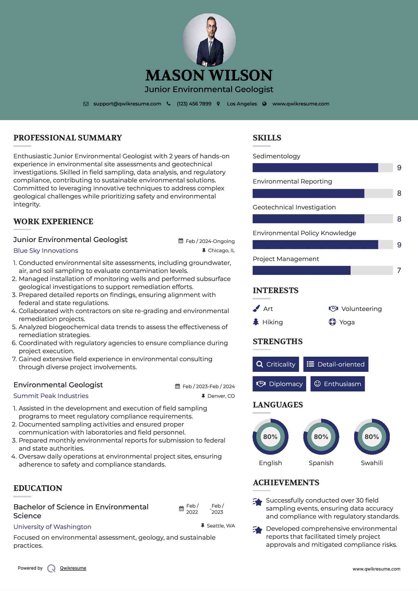 Junior Environmental Geologist Resume Sample