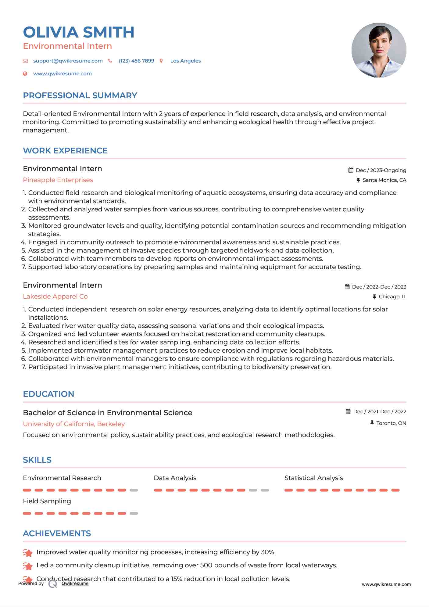 Environmental Intern Resume Samples QwikResume