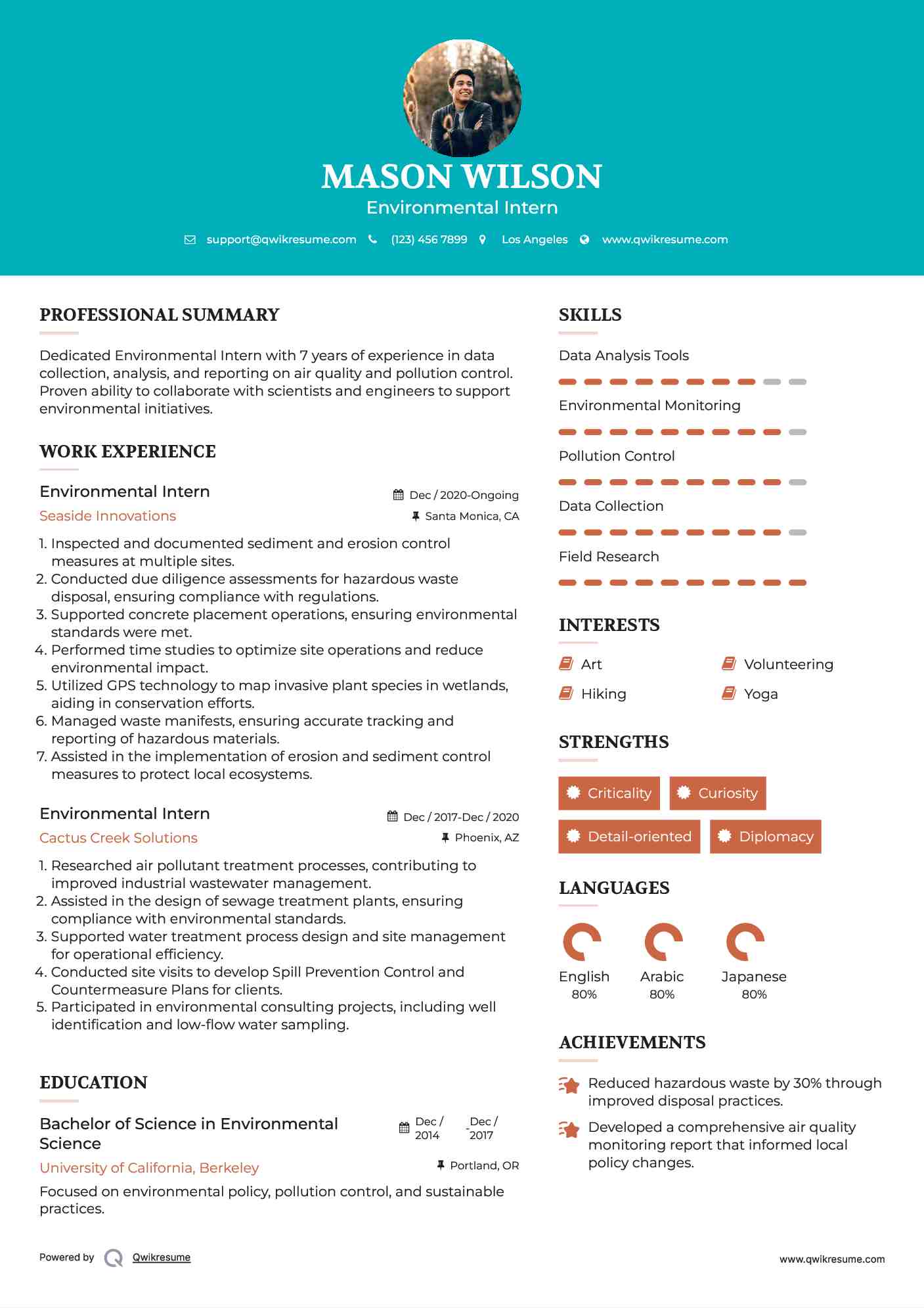 Environmental Intern Resume Samples QwikResume