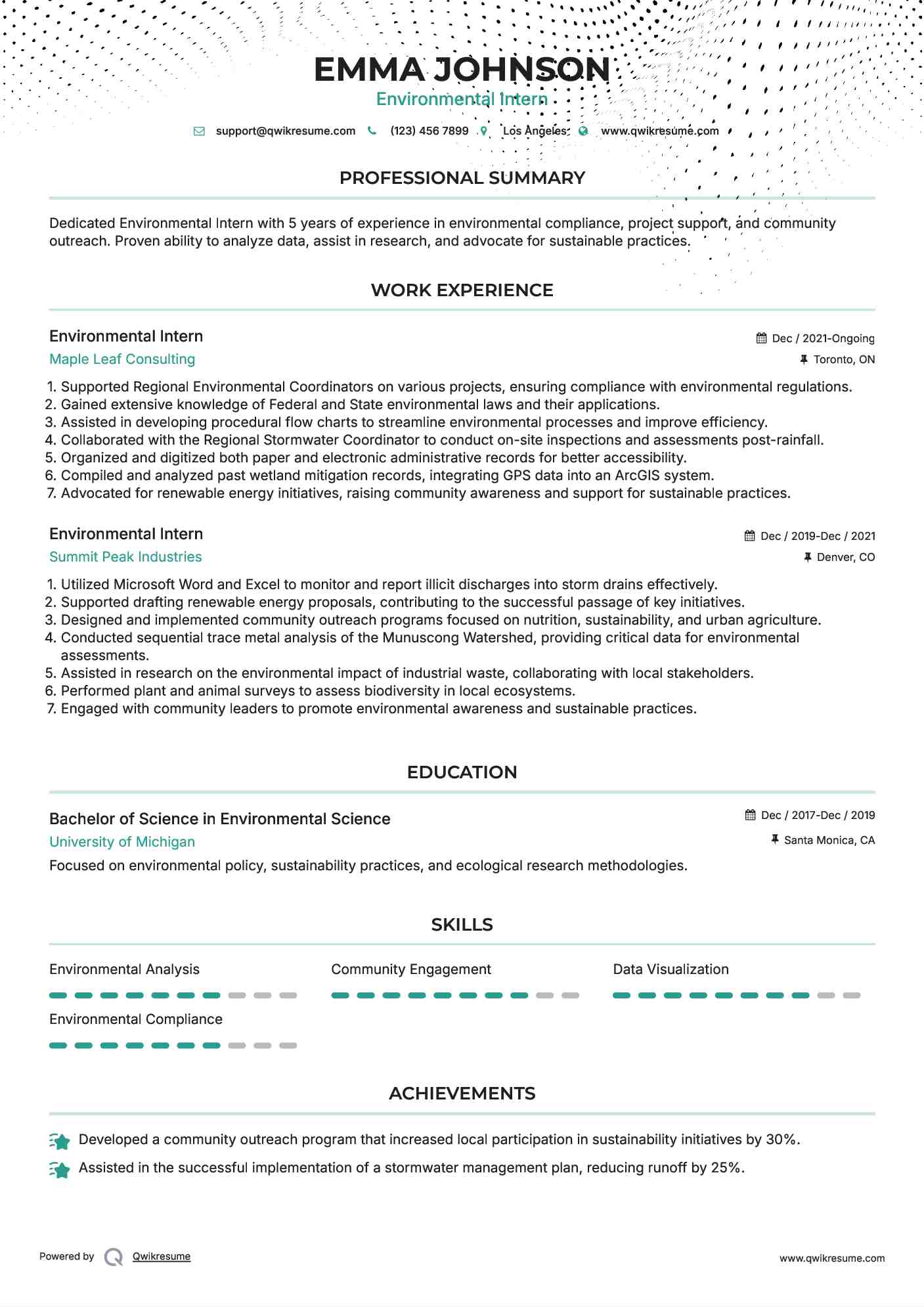 Environmental Intern Resume Samples QwikResume