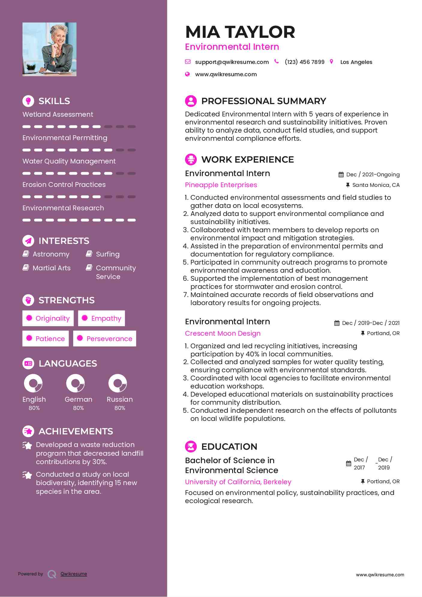 Environmental Intern Resume Samples QwikResume