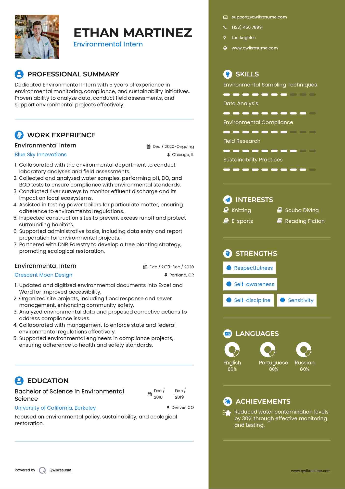 Environmental Intern Resume Samples QwikResume