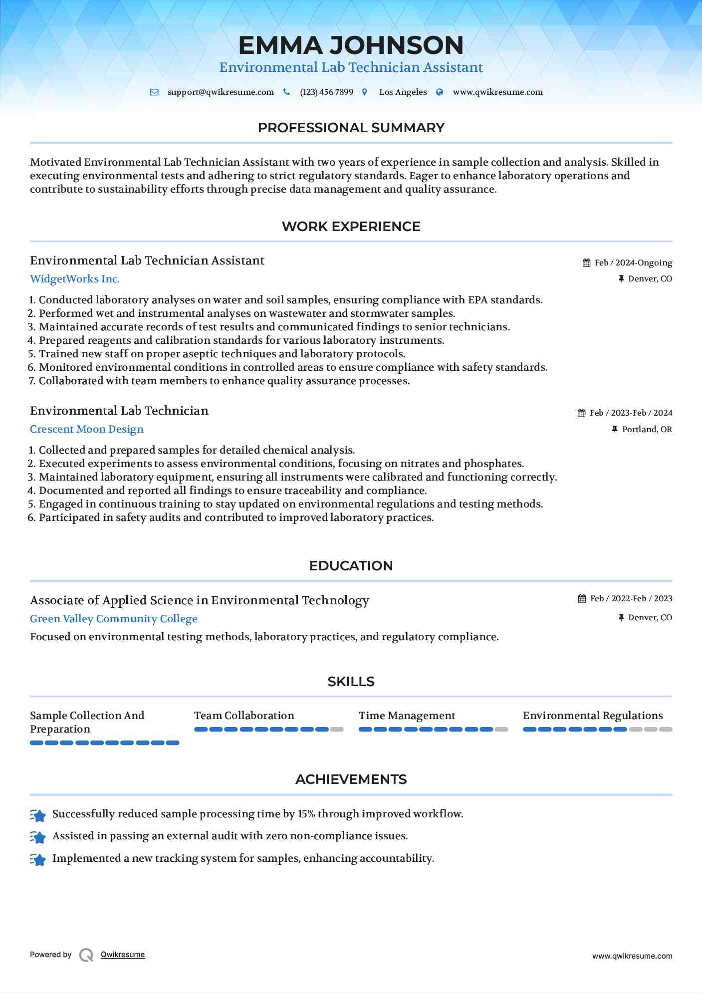 Environmental Lab Technician Assistant Resume Sample