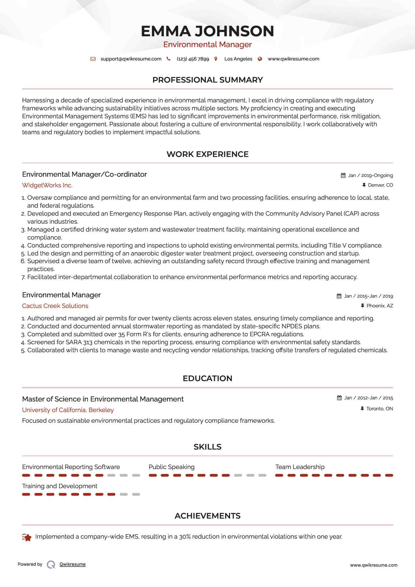 Environmental Manager/Co-ordinator Resume Model