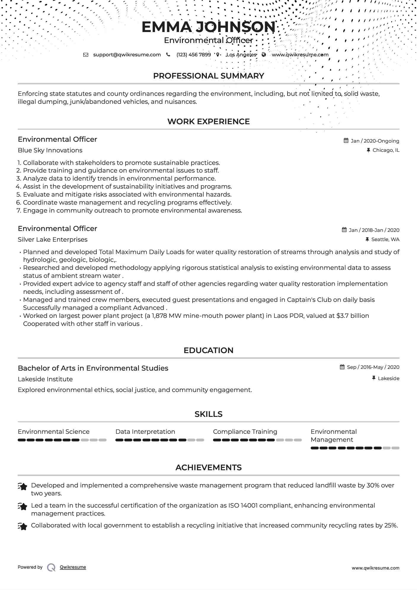 Environmental Officer Resume Samples Qwikresume