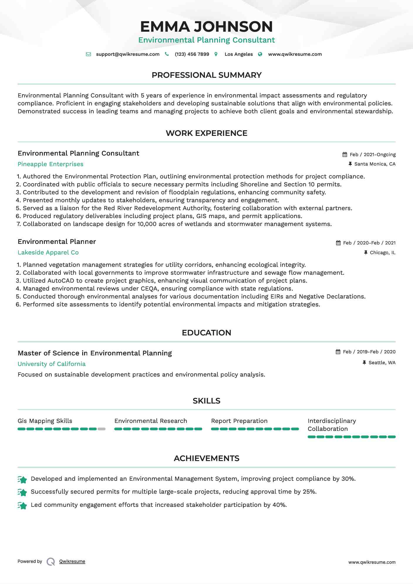 Environmental Planning Consultant Resume Example