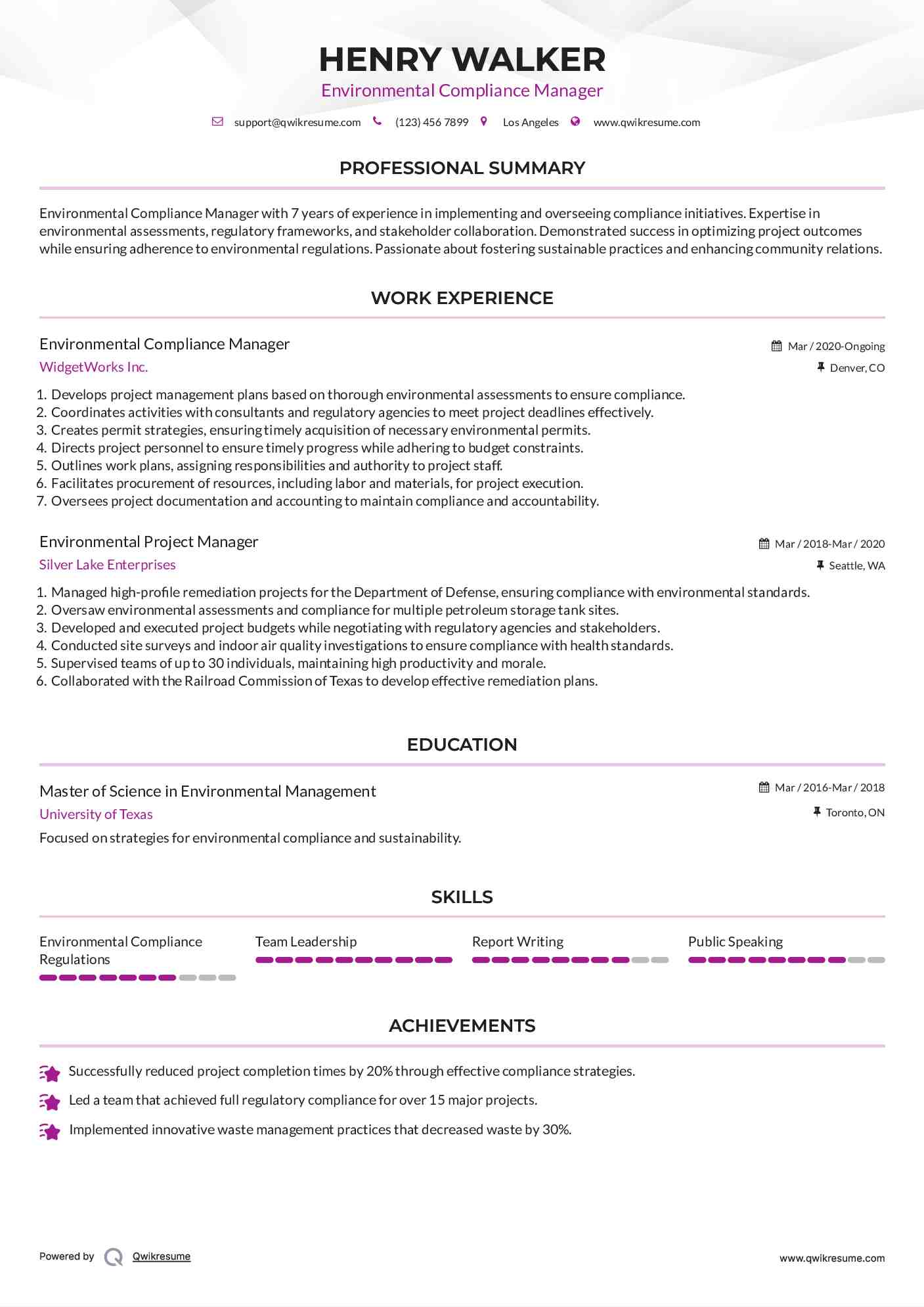 Environmental Compliance Manager Resume Sample