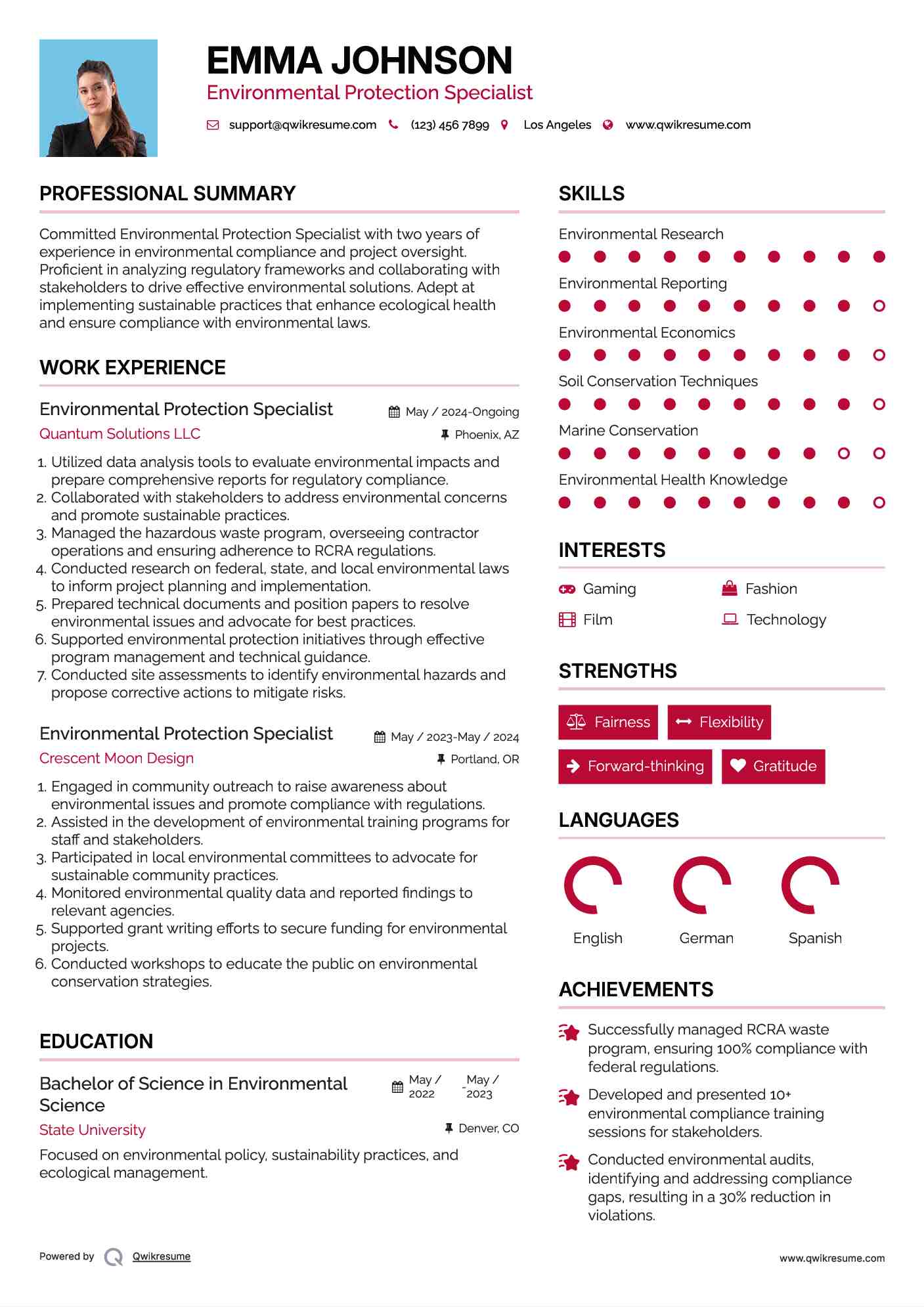 Environmental Protection Specialist Resume Example