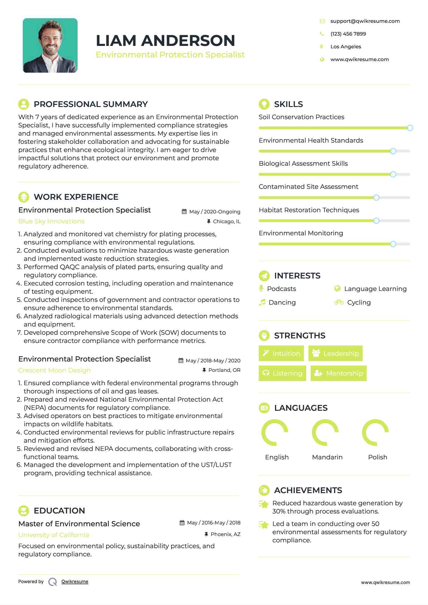 Environmental Protection Specialist Resume Sample