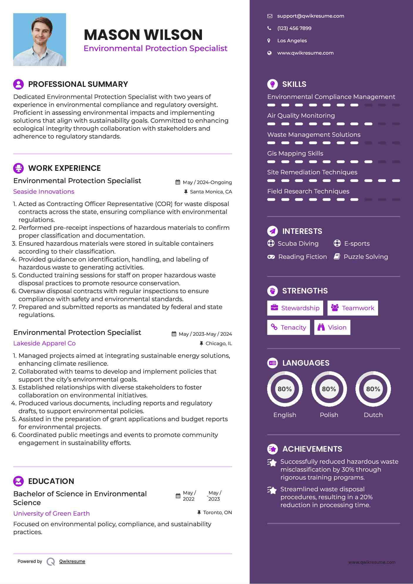 Environmental Protection Specialist Resume Format