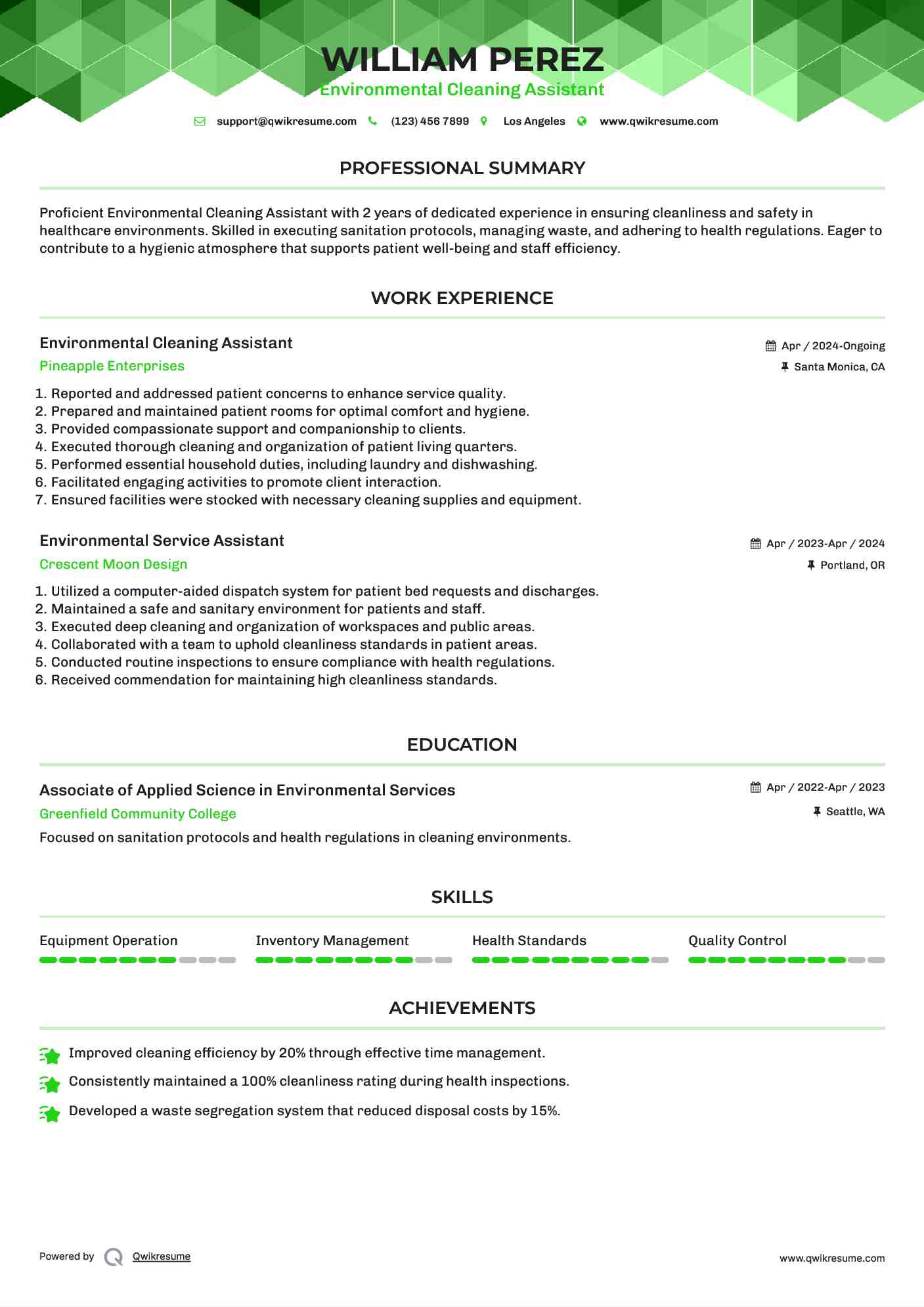 Environmental Cleaning Assistant Resume Template