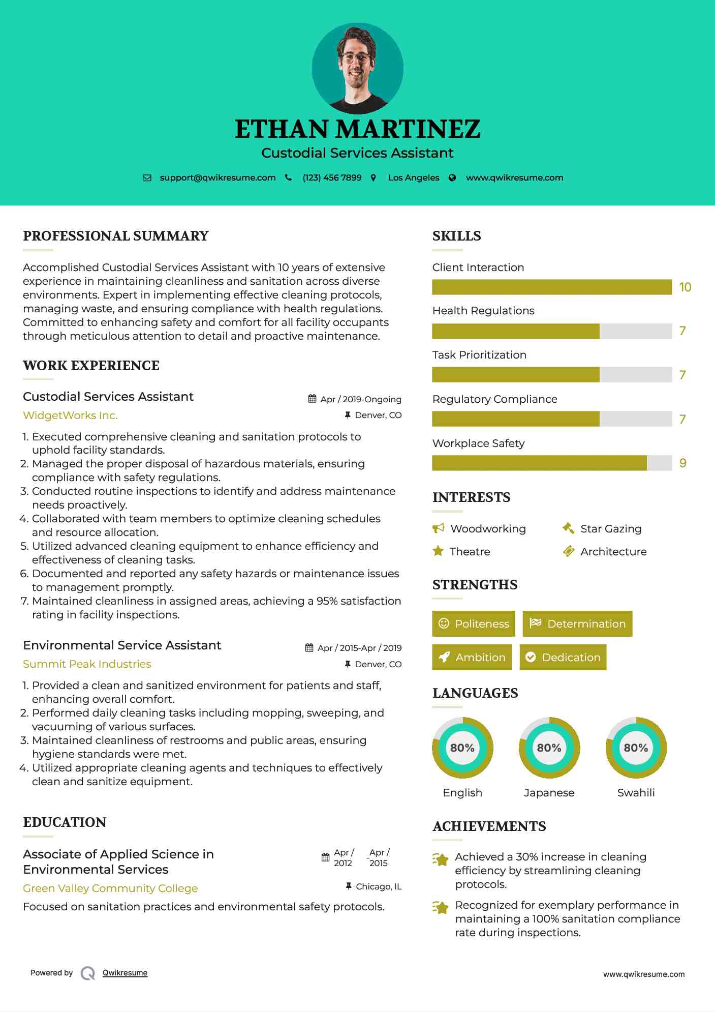 Custodial Services Assistant Resume Model