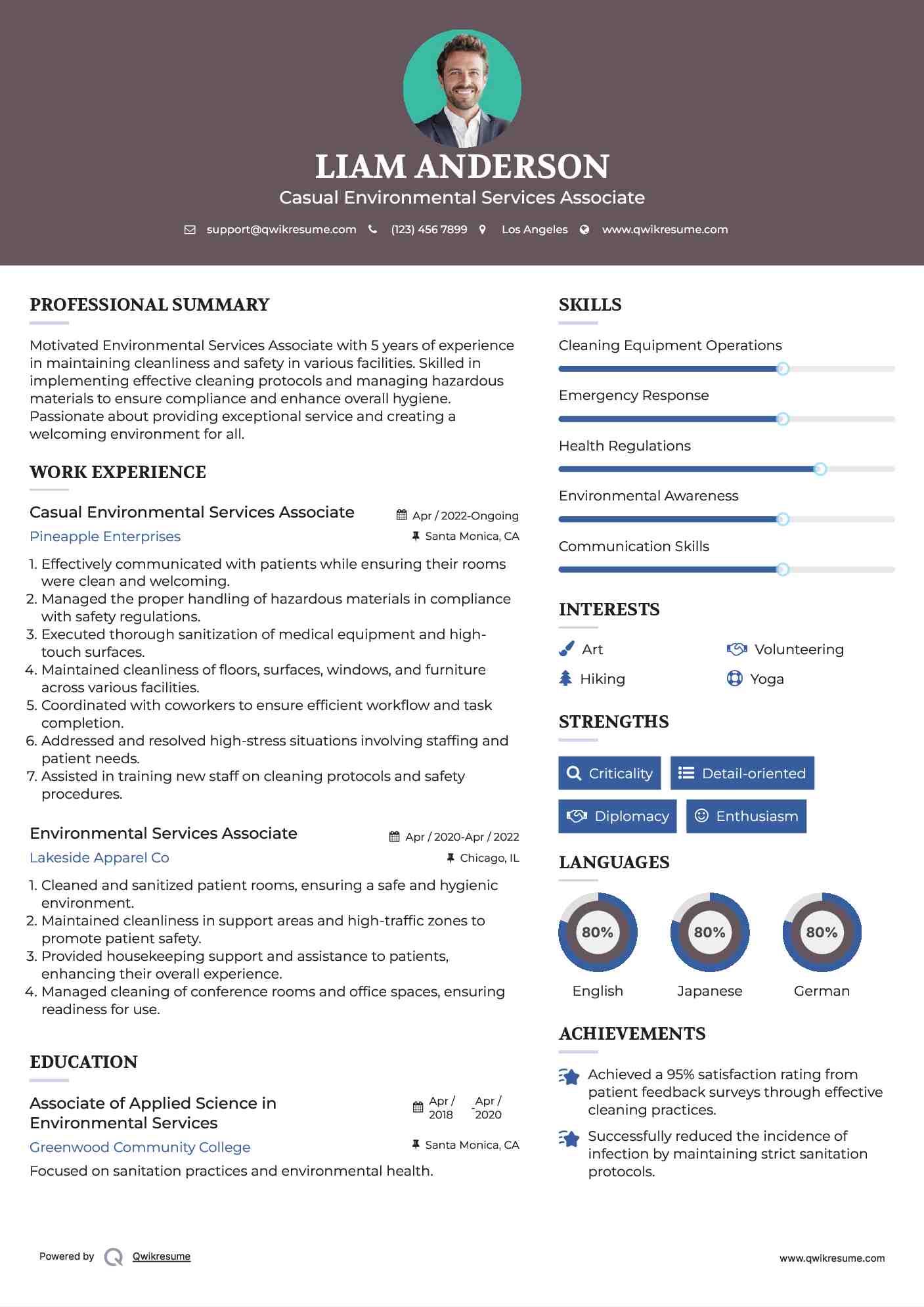 Casual Environmental Services Associate Resume Example