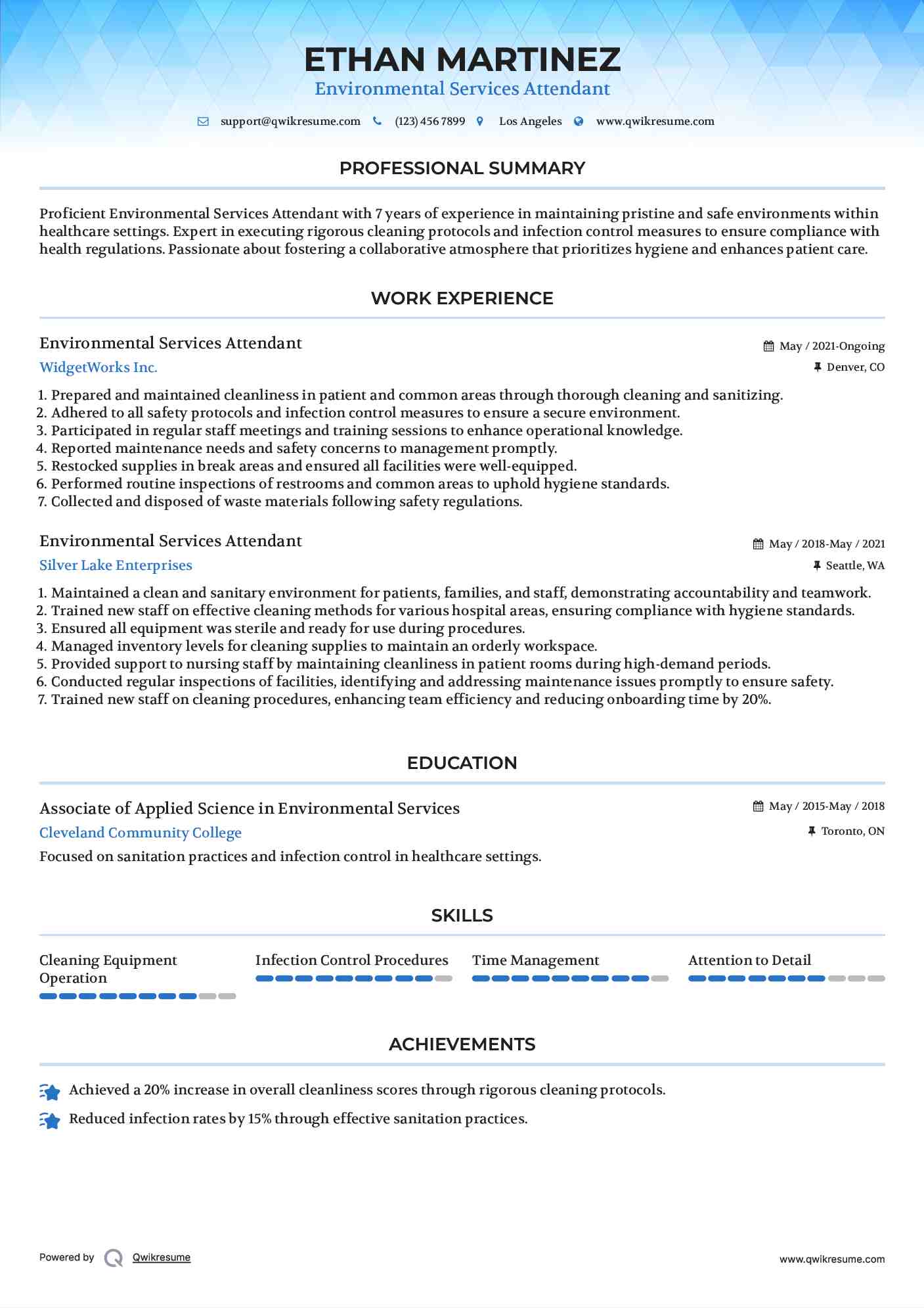 Environmental Services Attendant Resume Sample