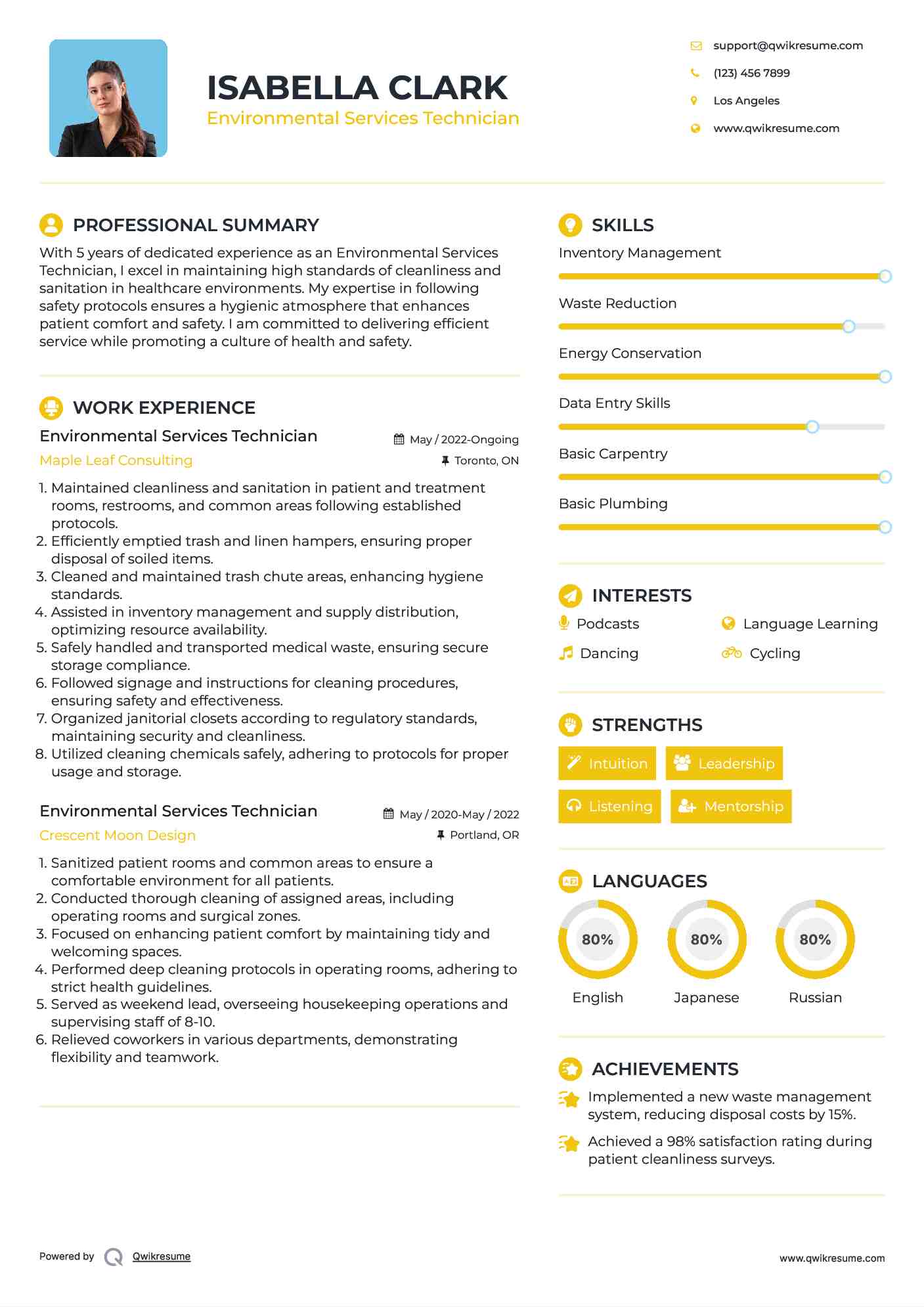 Environmental Services Technician Resume Model