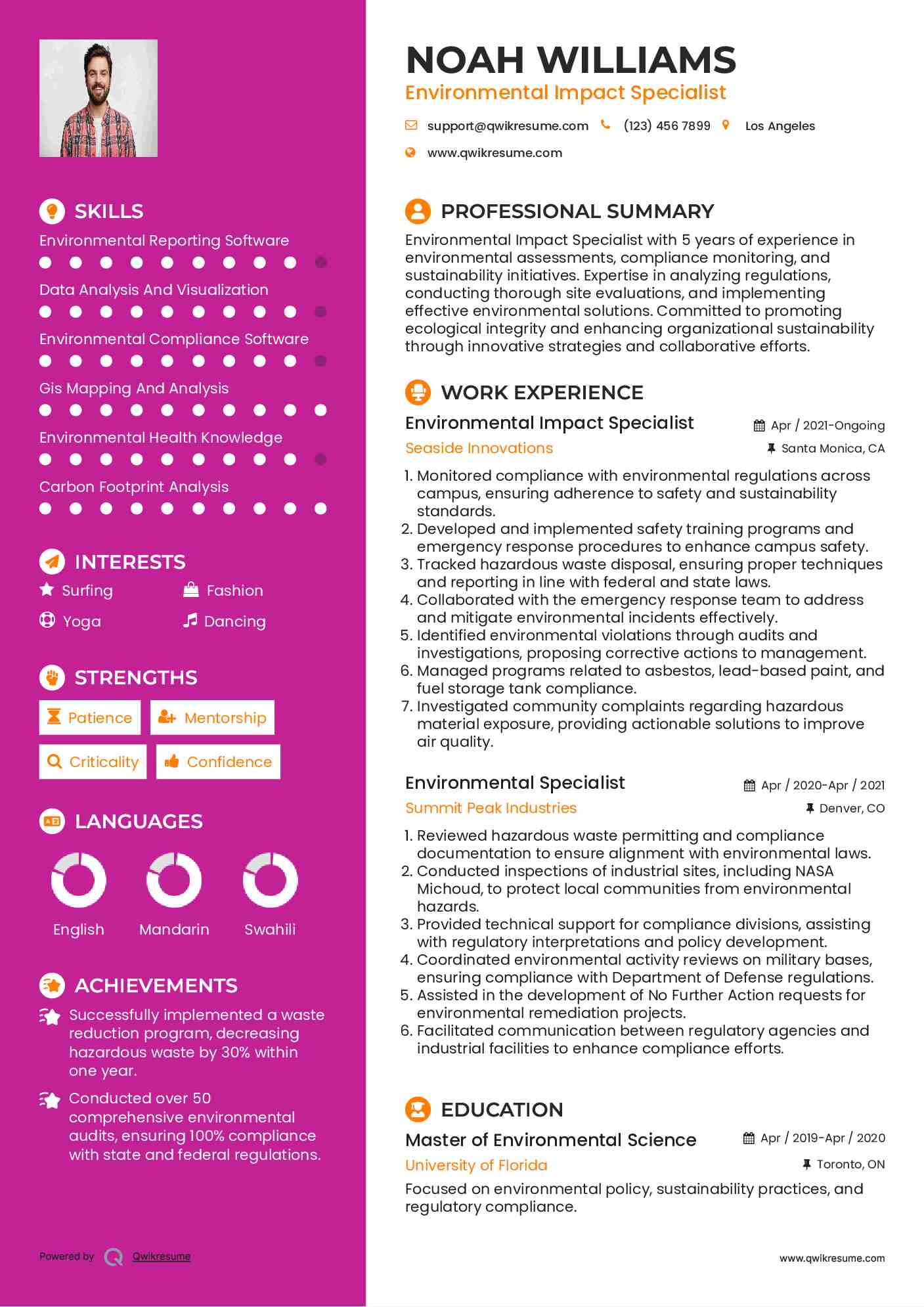 Environmental Impact Specialist Resume Example