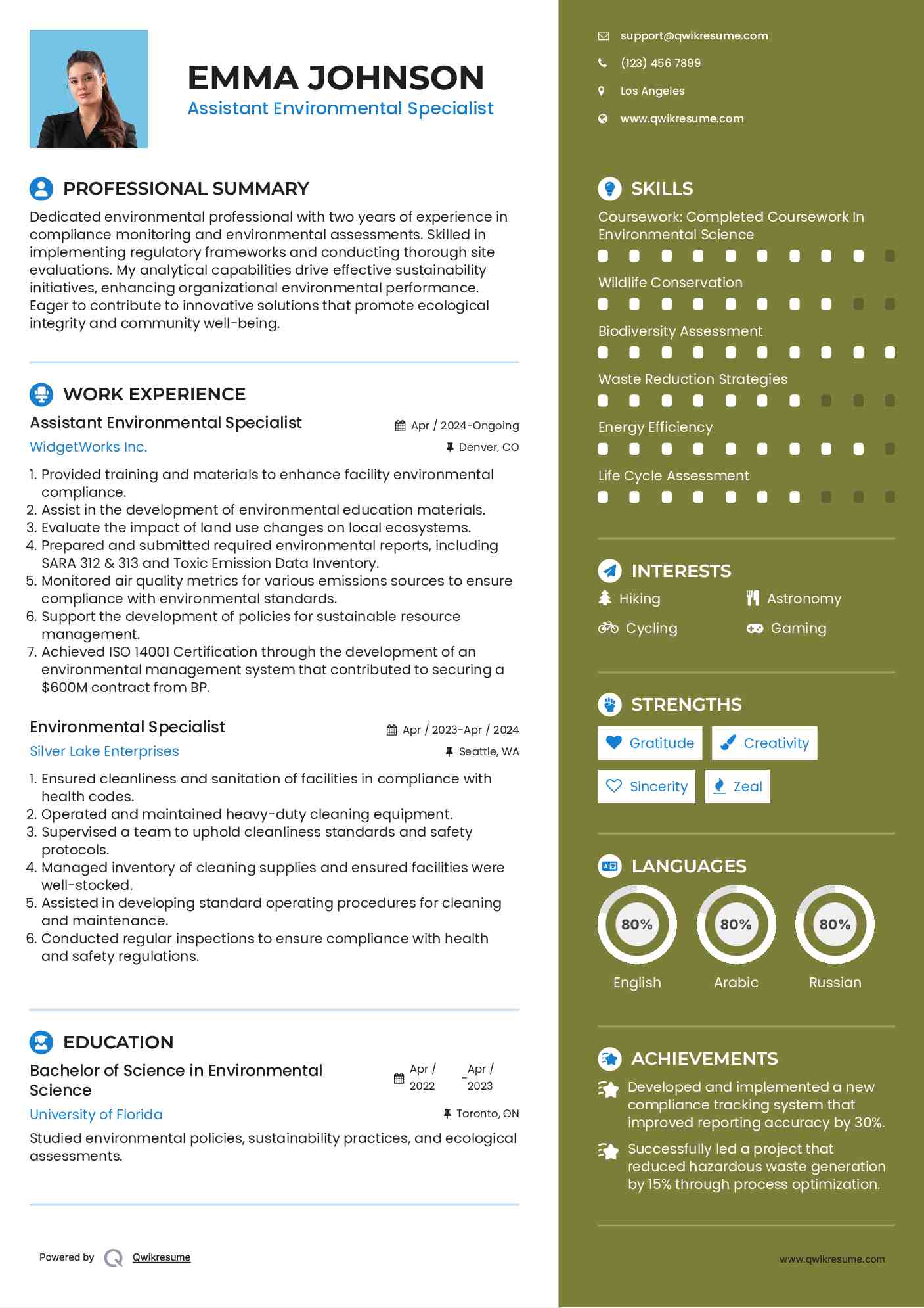 Assistant Environmental Specialist Resume Template
