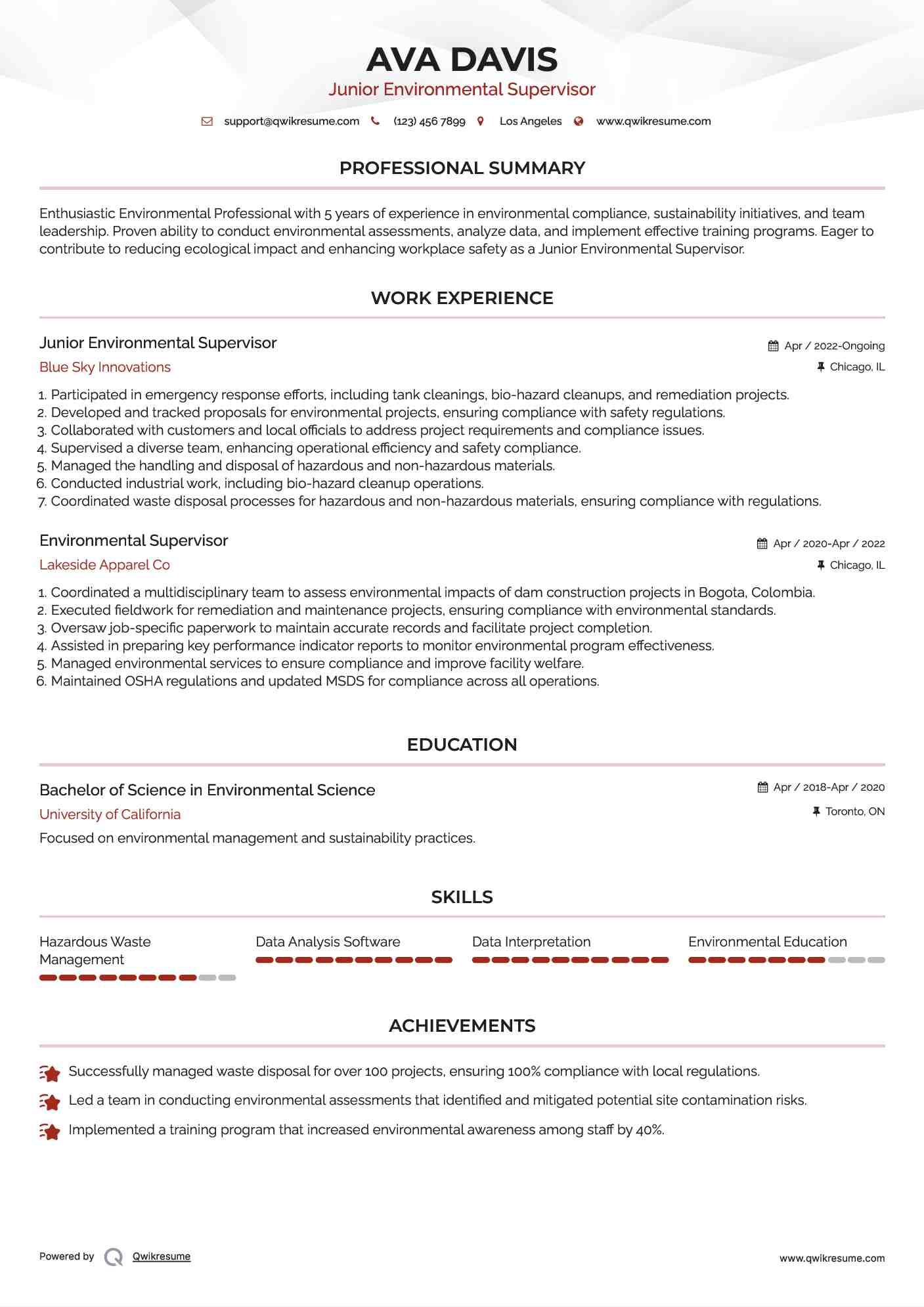 Junior Environmental Supervisor Resume Model