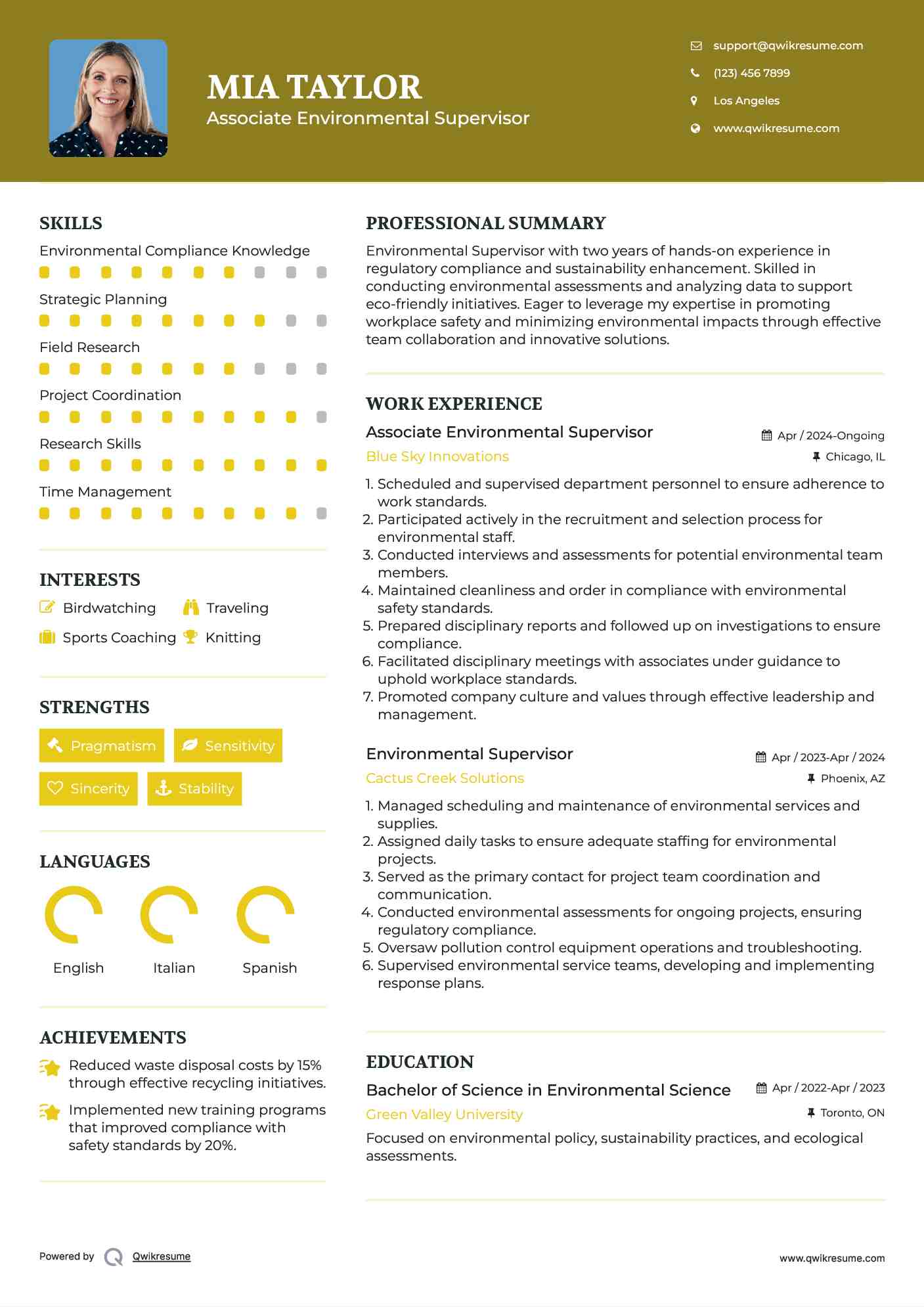 Associate Environmental Supervisor Resume Format
