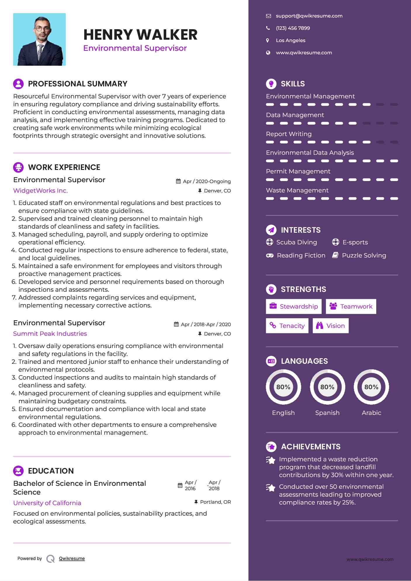 Environmental Supervisor Resume Sample