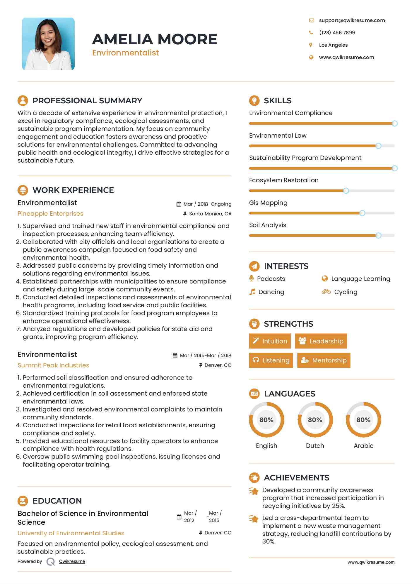 Environmentalist Resume Sample