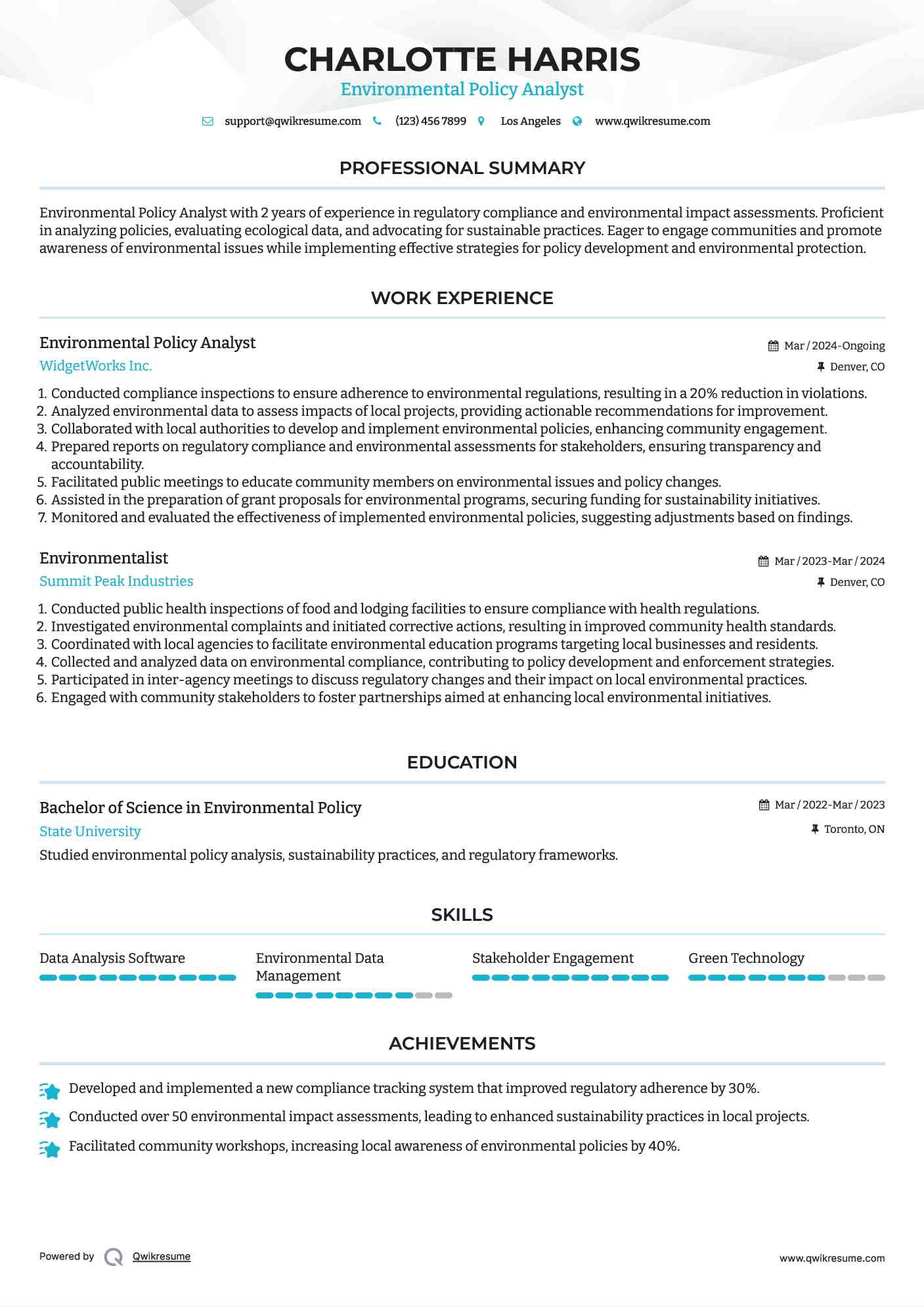 Environmental Policy Analyst Resume Example