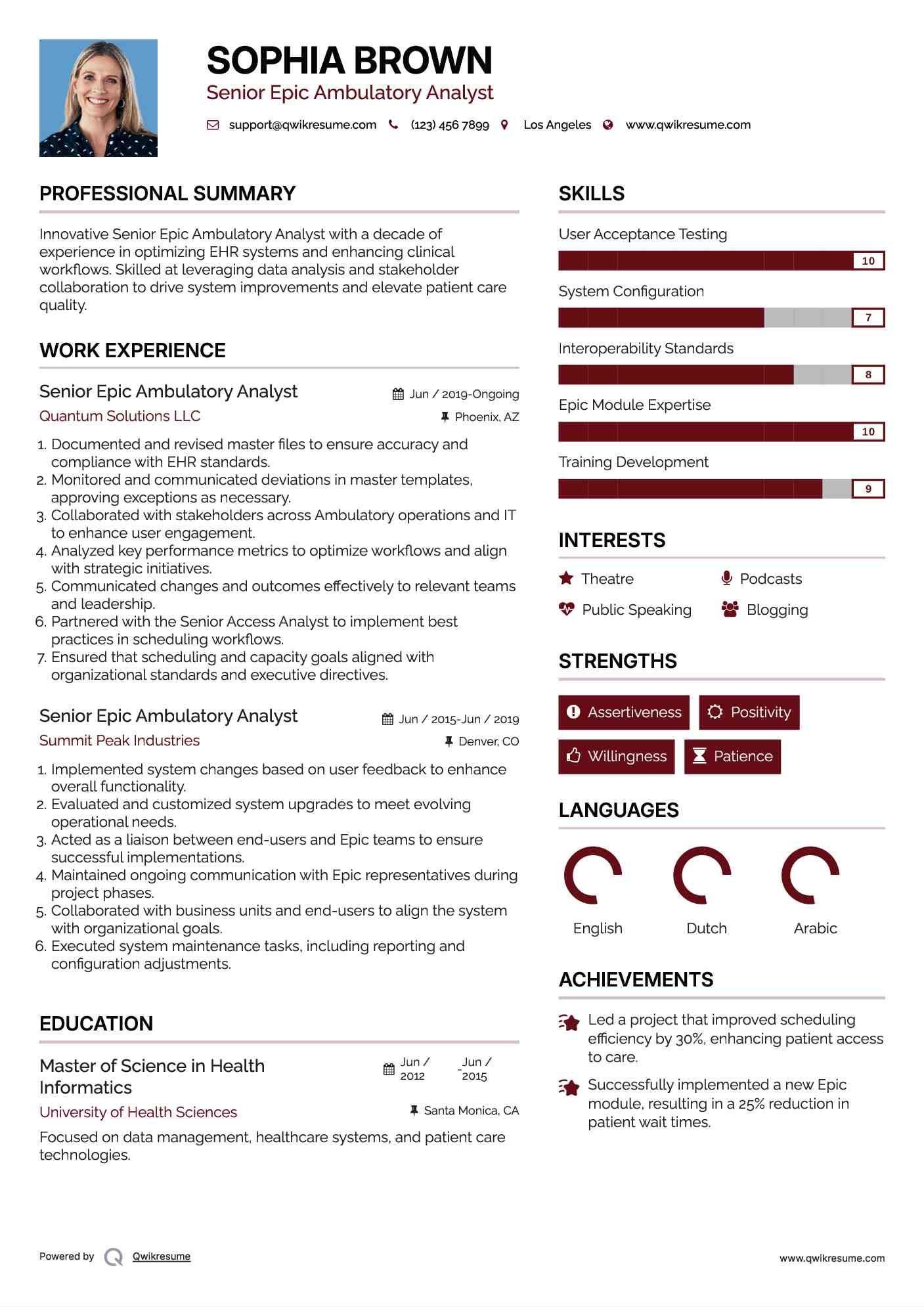 Senior Epic Ambulatory Analyst Resume Example