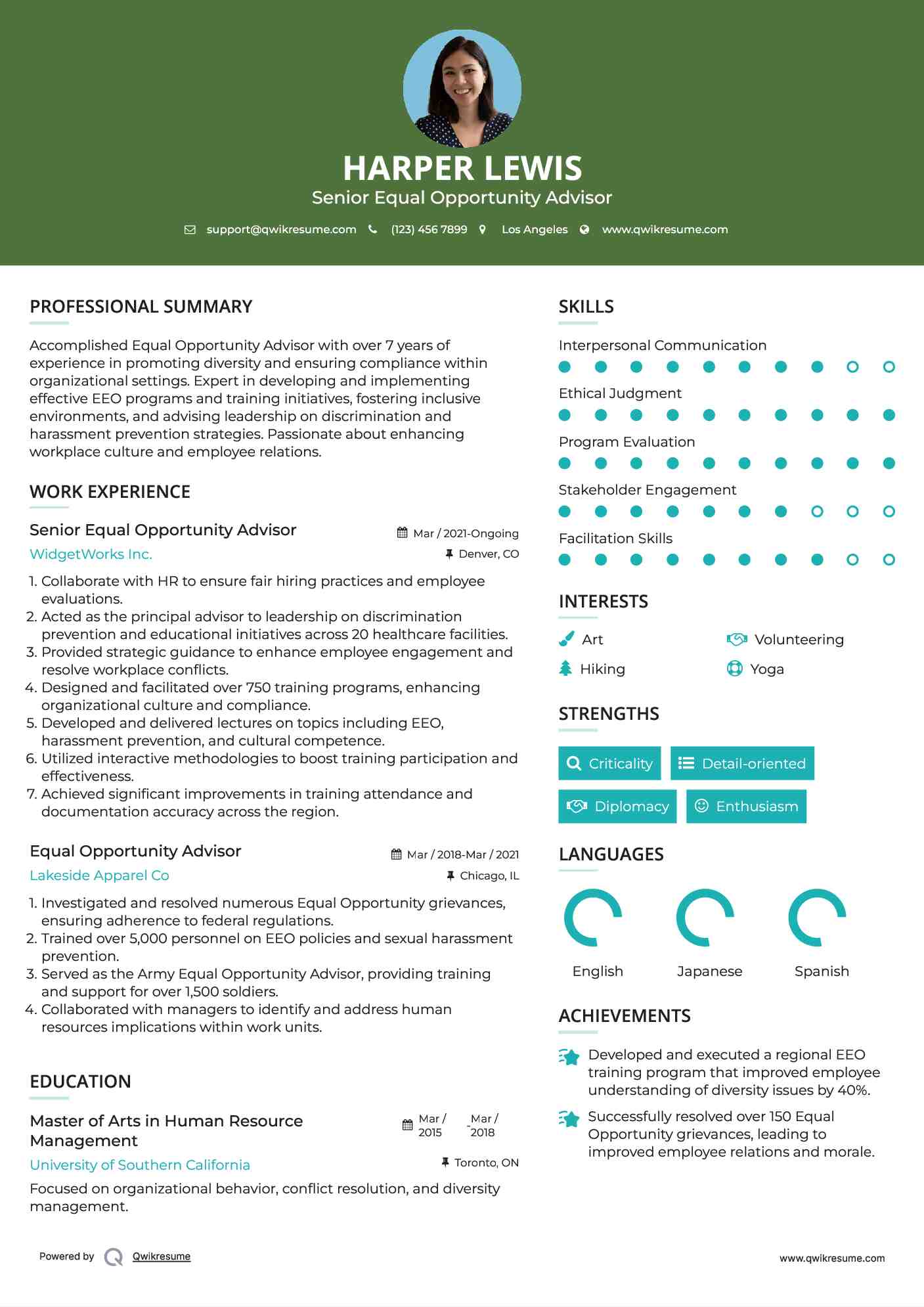 Senior Equal Opportunity Advisor Resume Sample