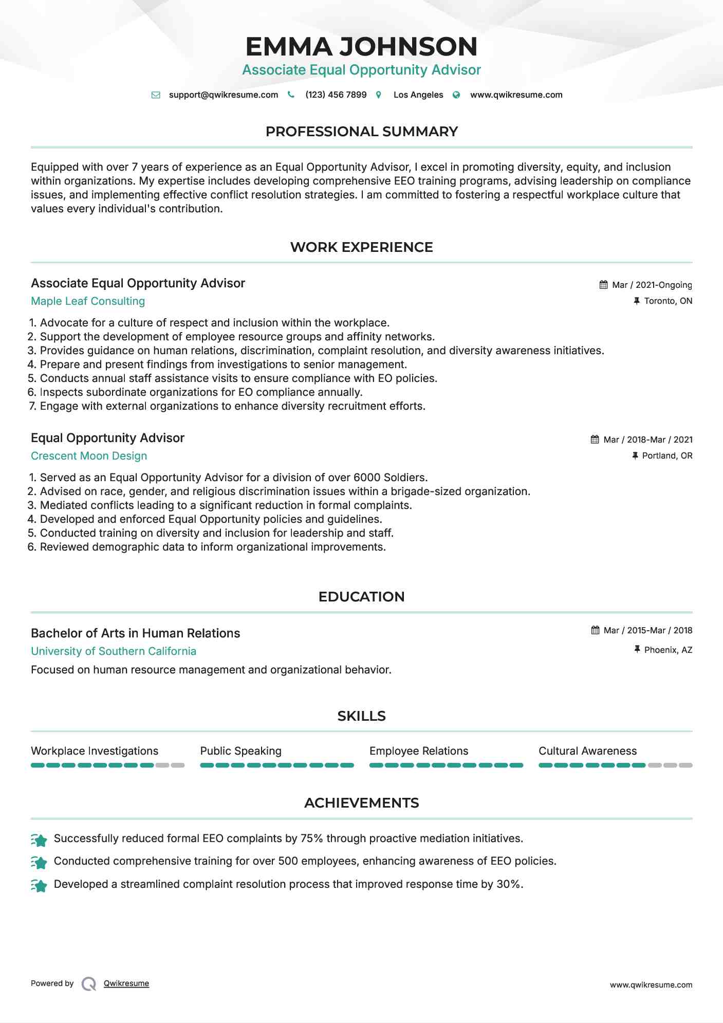 Associate Equal Opportunity Advisor Resume Model