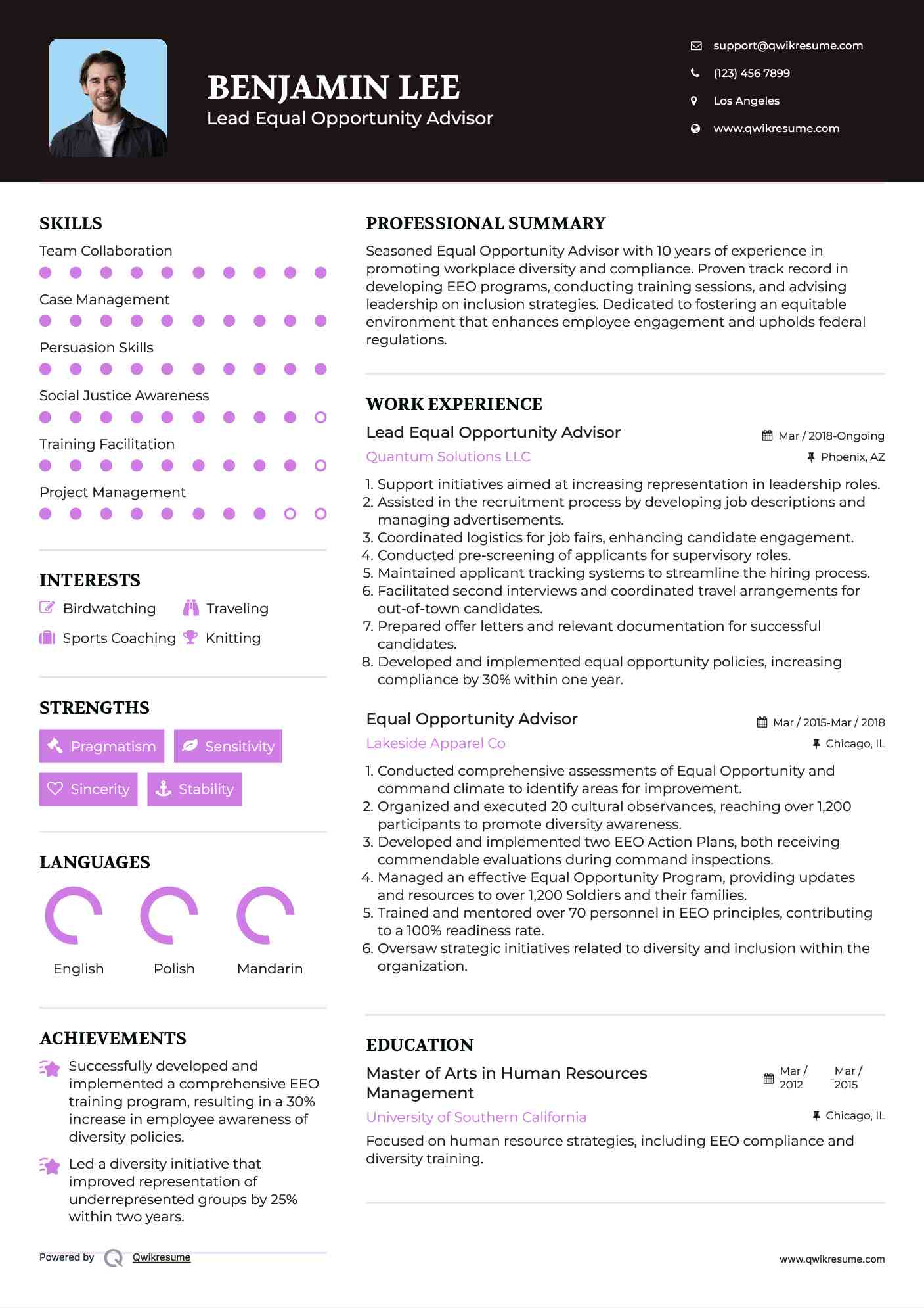 Lead Equal Opportunity Advisor Resume Model