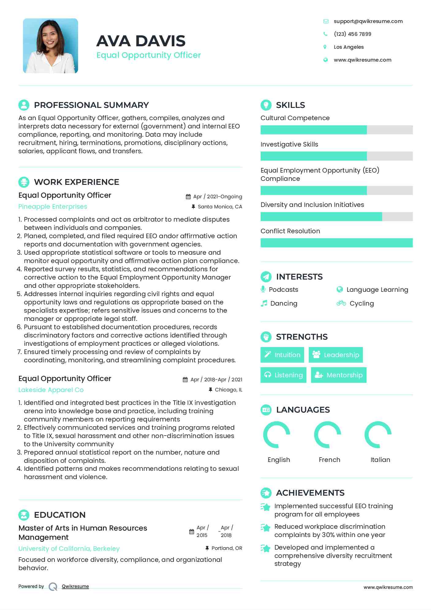 Equal Opportunity Officer Resume Sample