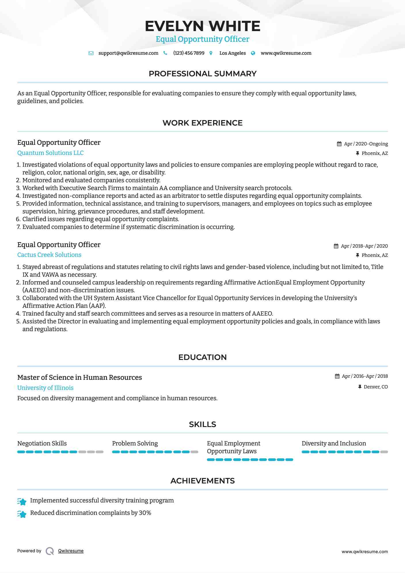 Equal Opportunity Officer Resume Example