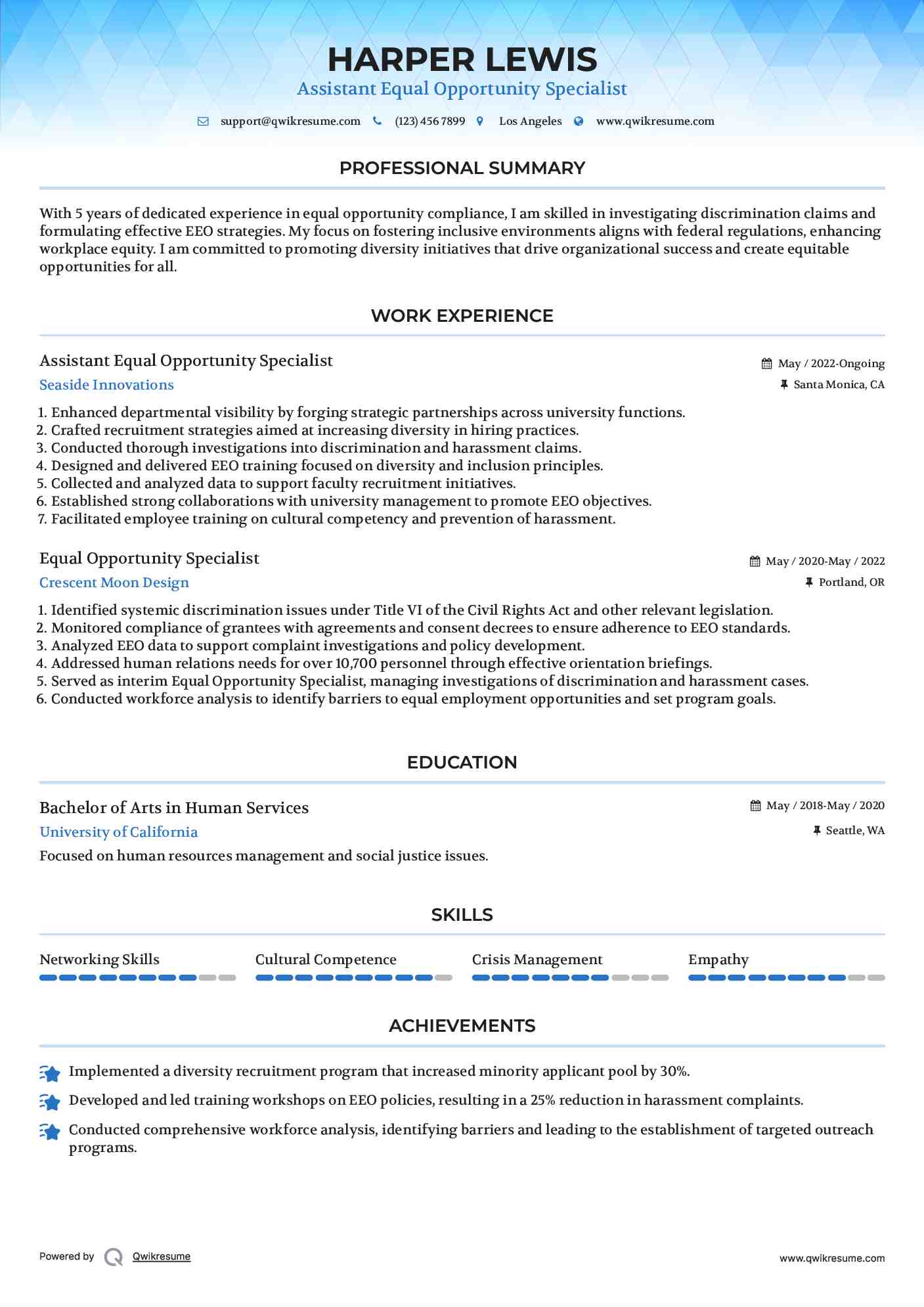 Assistant Equal Opportunity Specialist Resume Example
