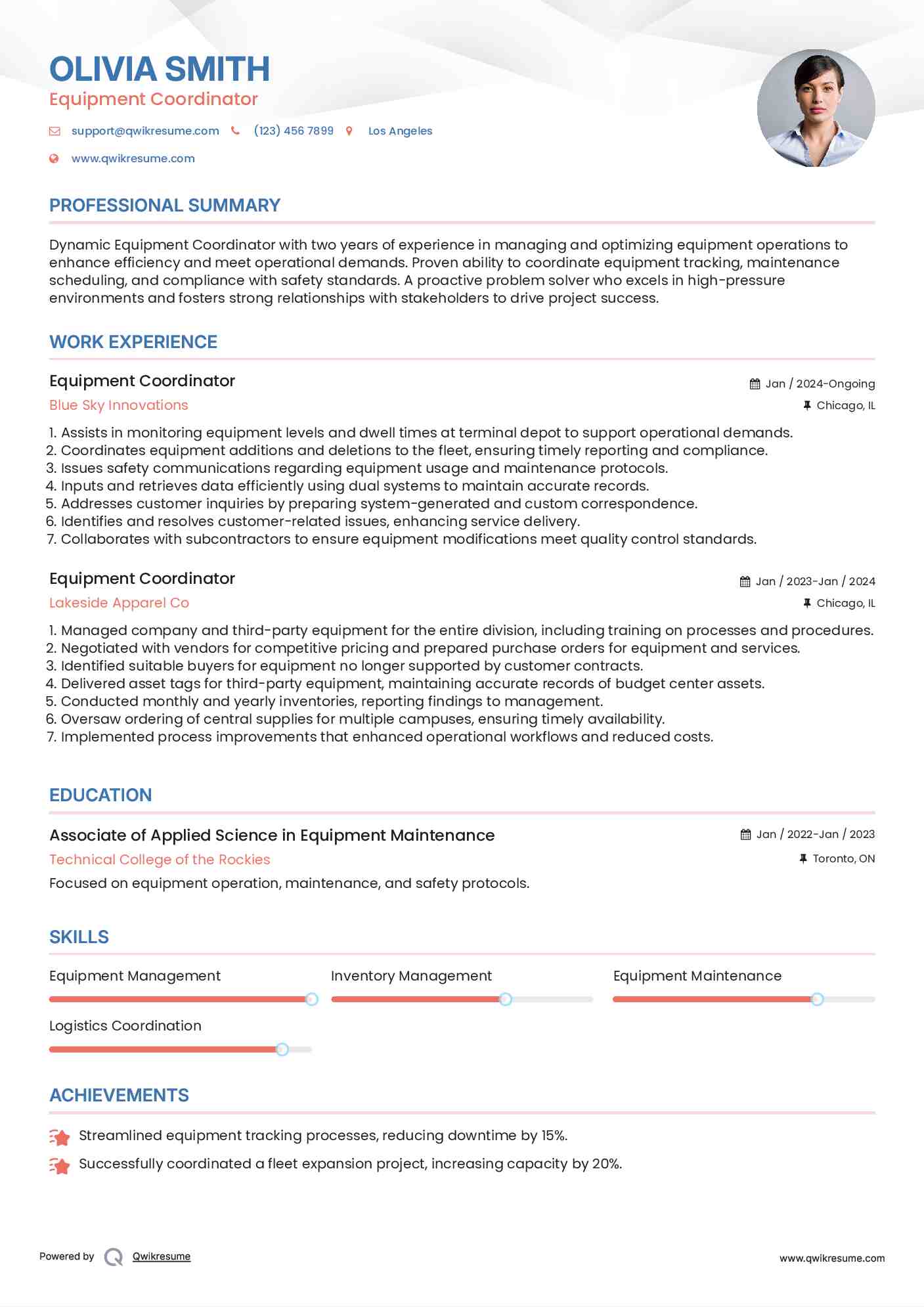 Equipment Coordinator Resume Format