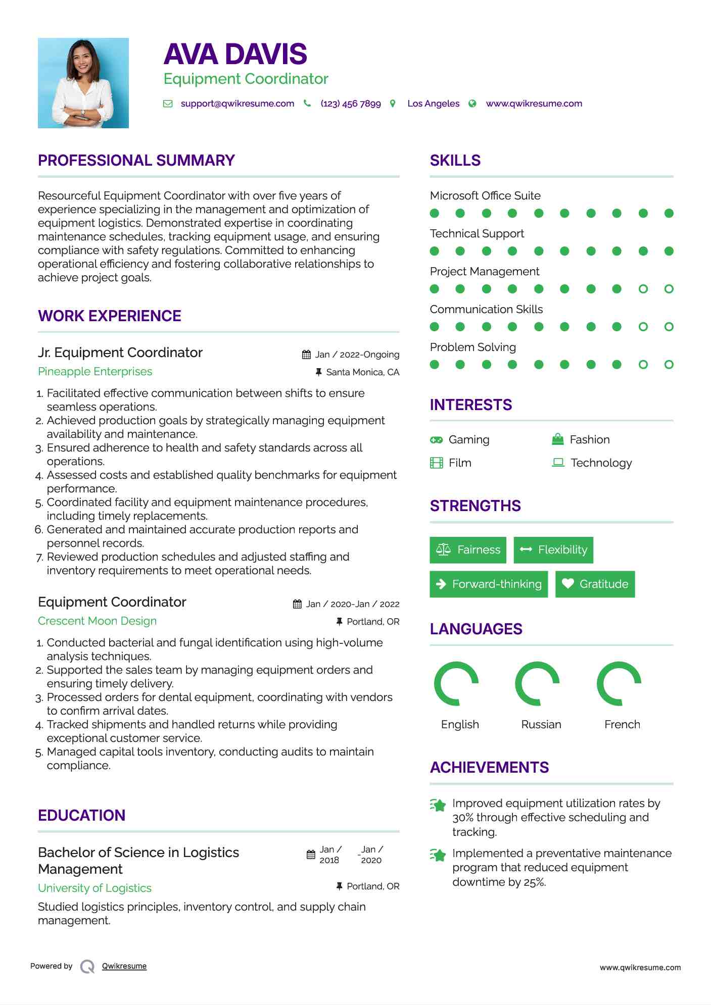 Jr. Equipment Coordinator Resume Model