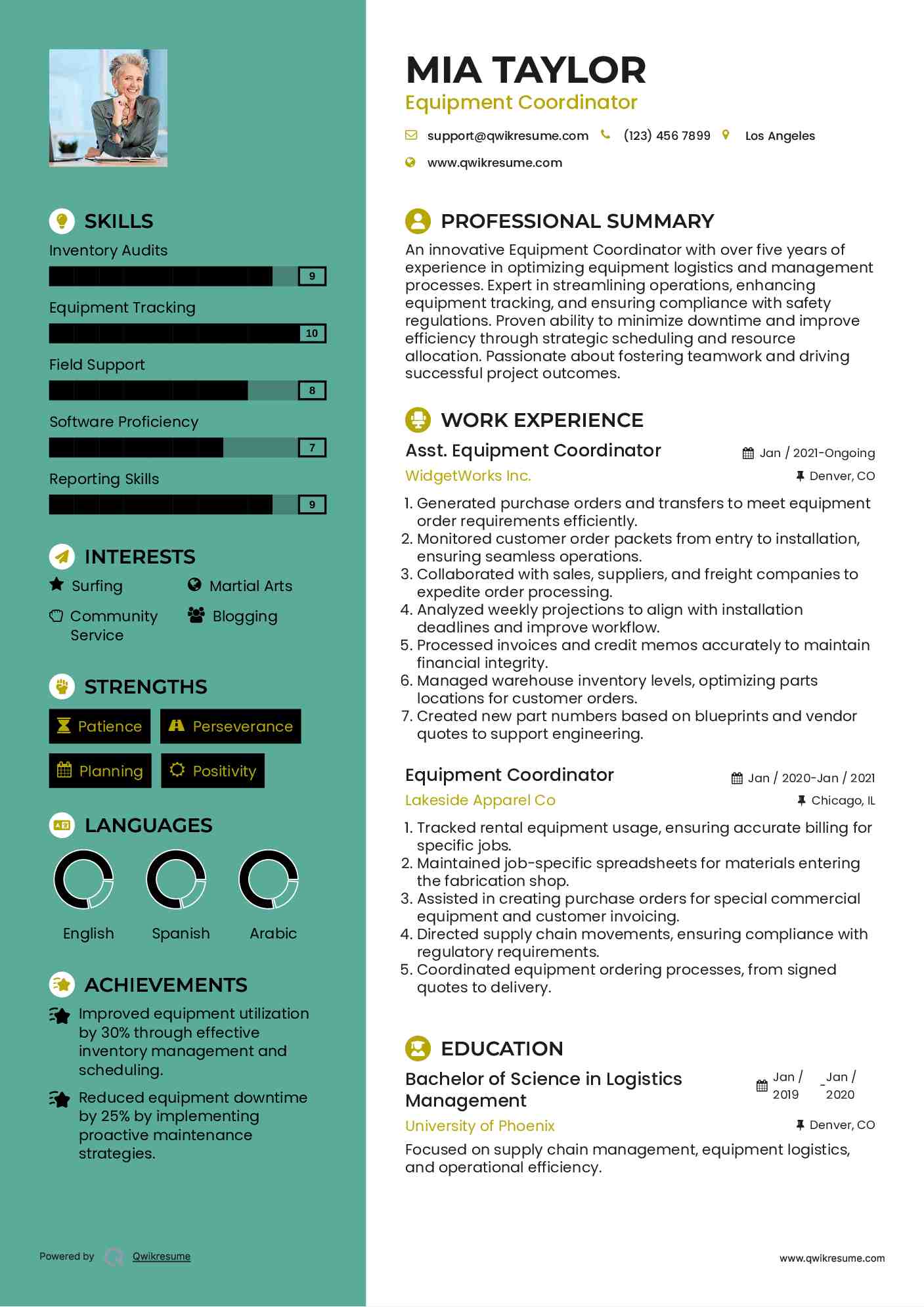 Asst. Equipment Coordinator Resume Sample