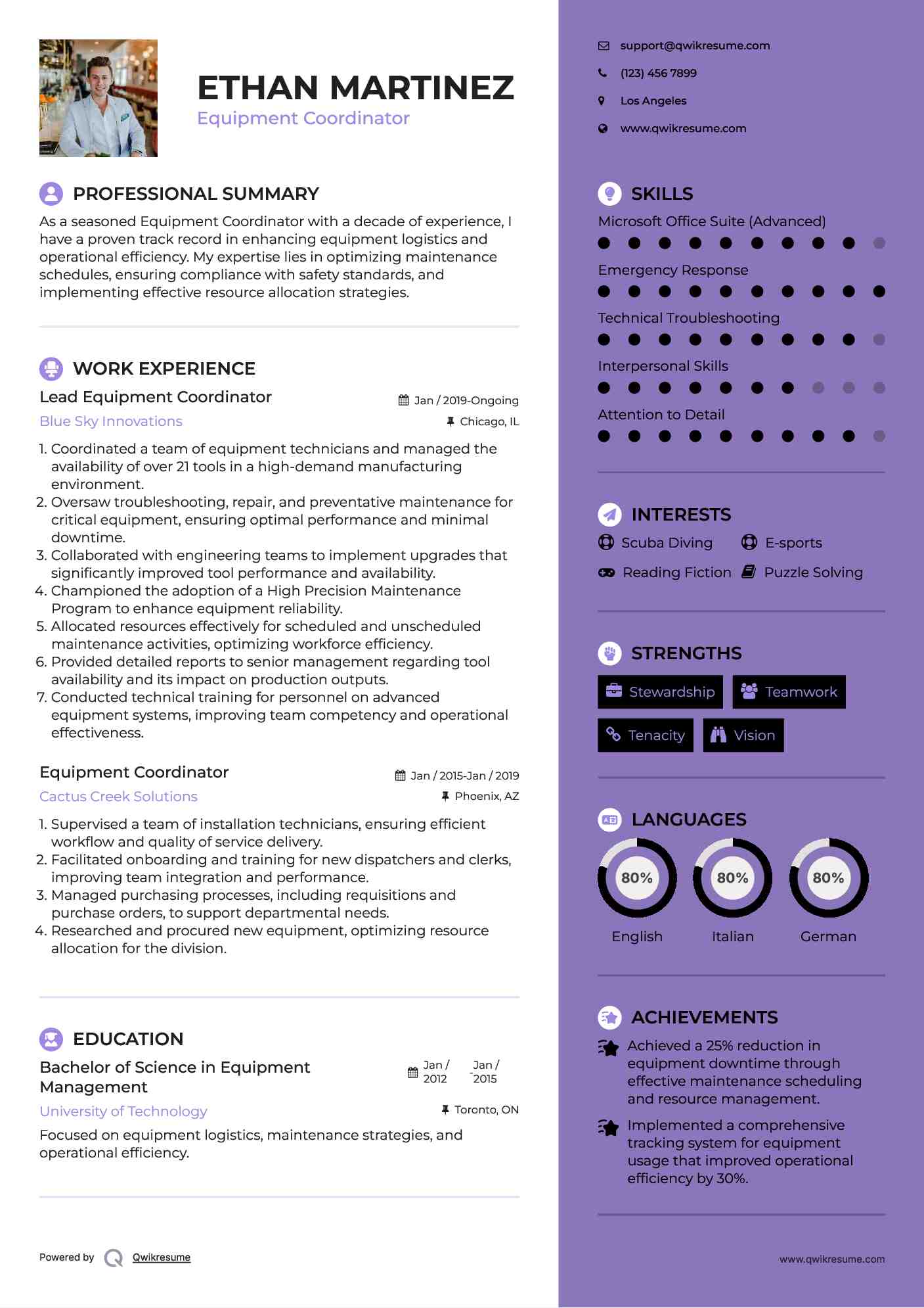 Equipment Coordinator Resume Samples QwikResume