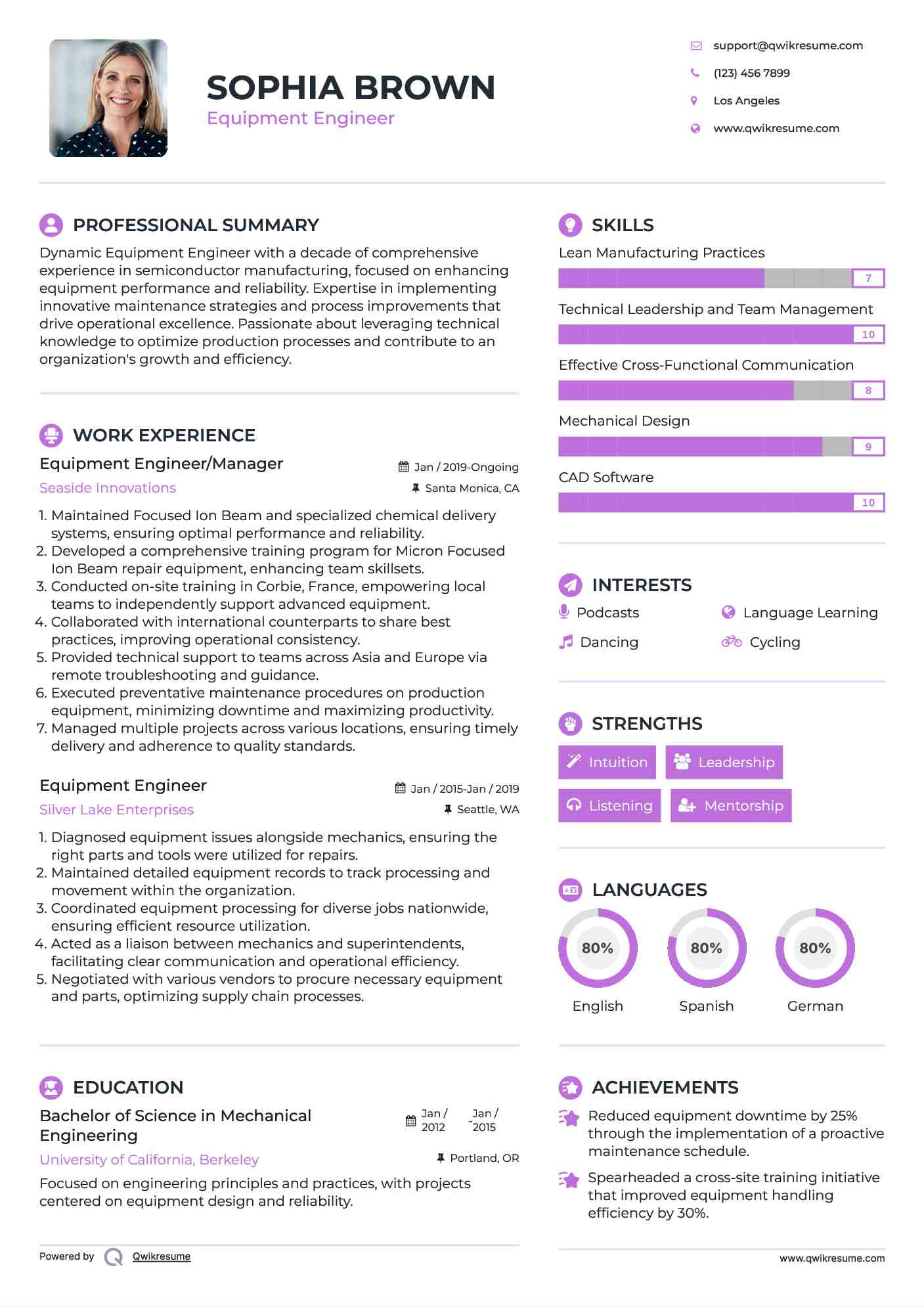 Equipment Engineer/Manager Resume Model