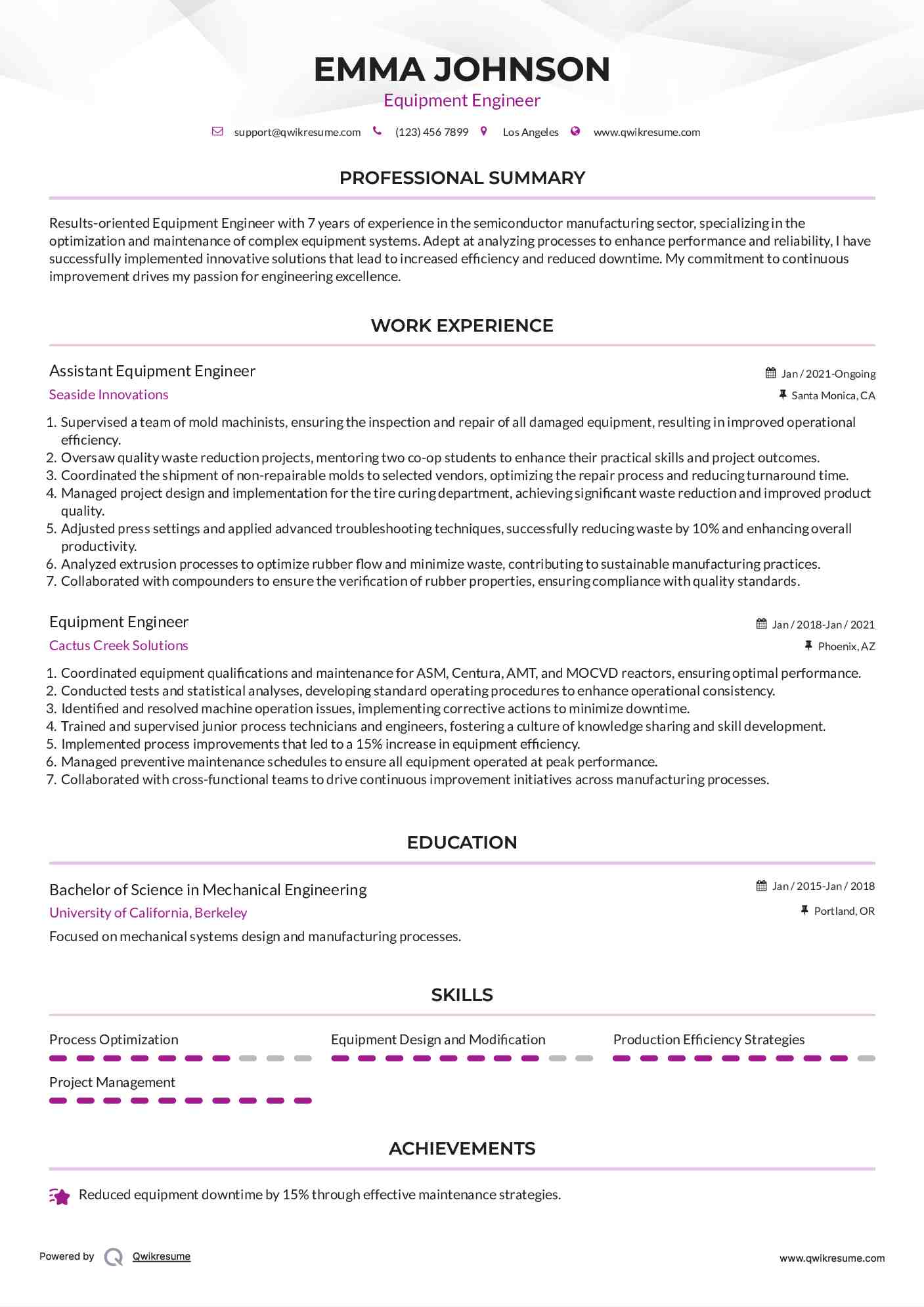 Assistant Equipment Engineer Resume Template