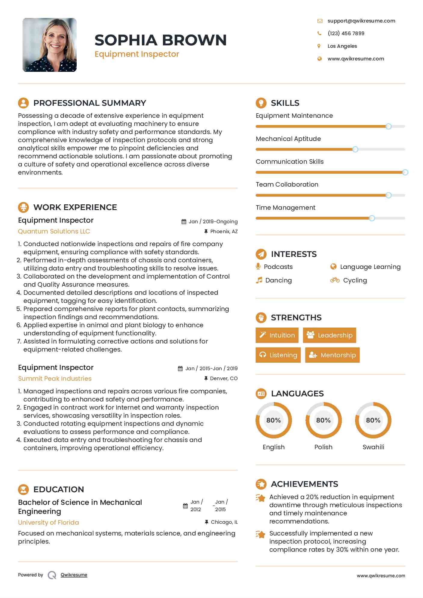 Equipment Inspector Resume Model