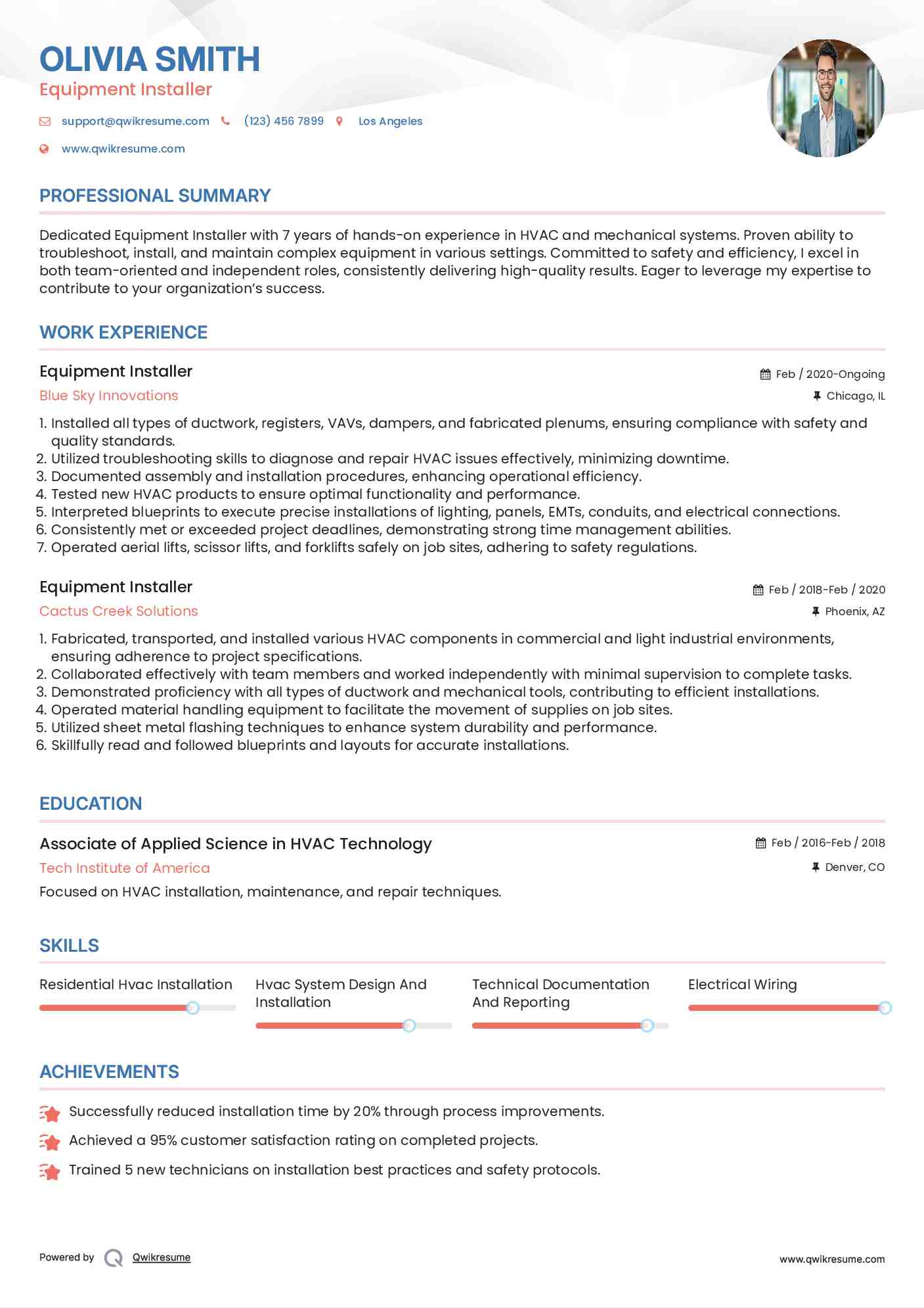 Equipment Installer Resume Example