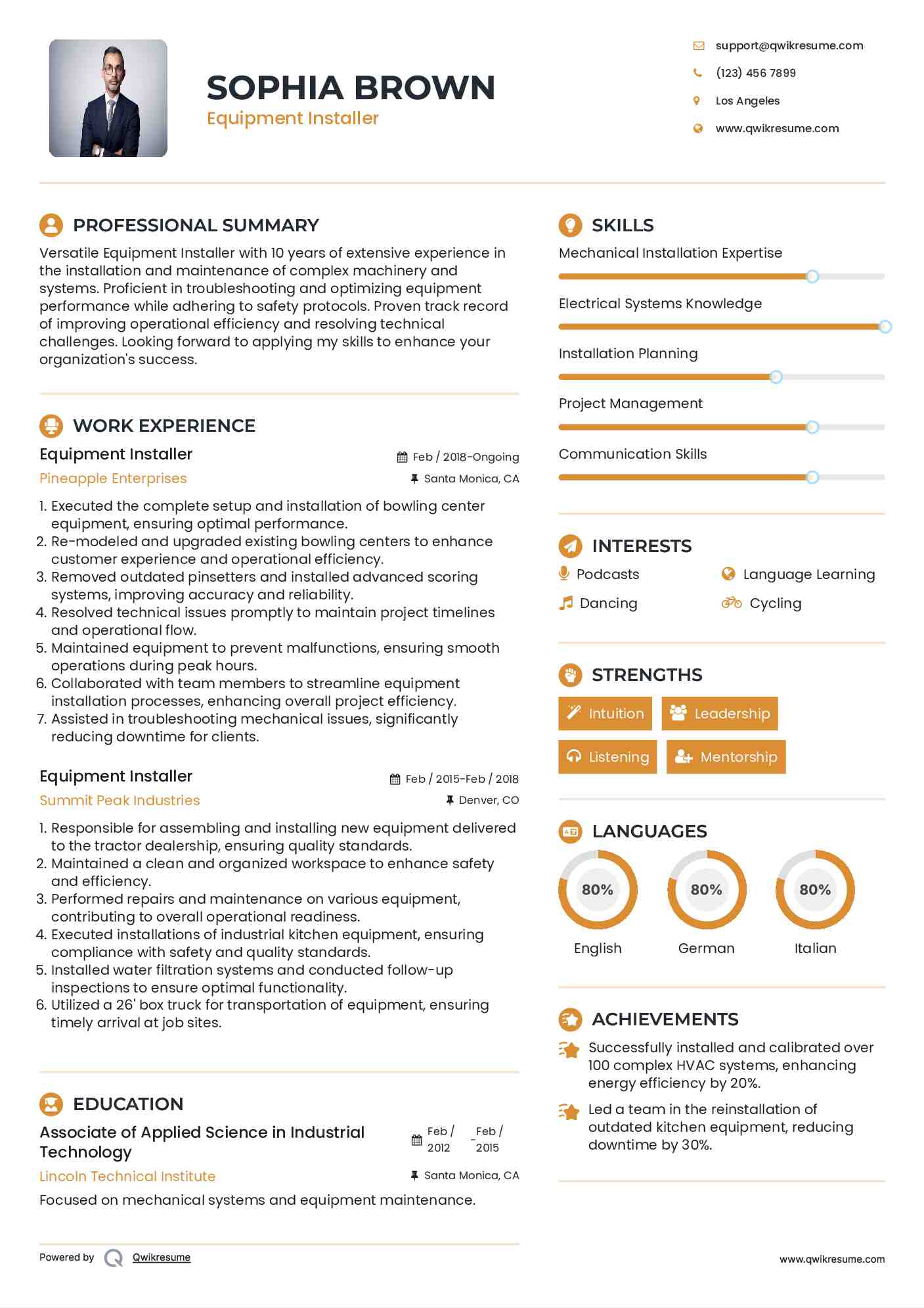 Equipment Installer Resume Sample