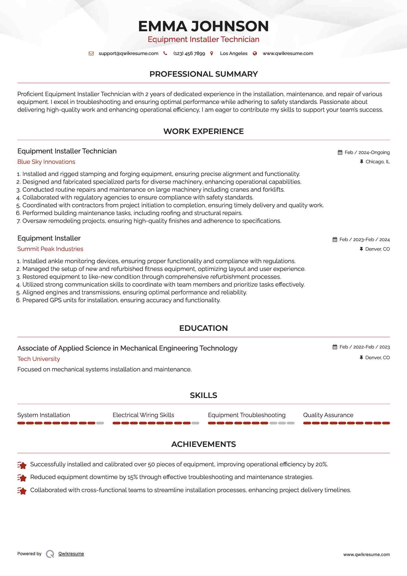 Equipment Installer Technician Resume Format