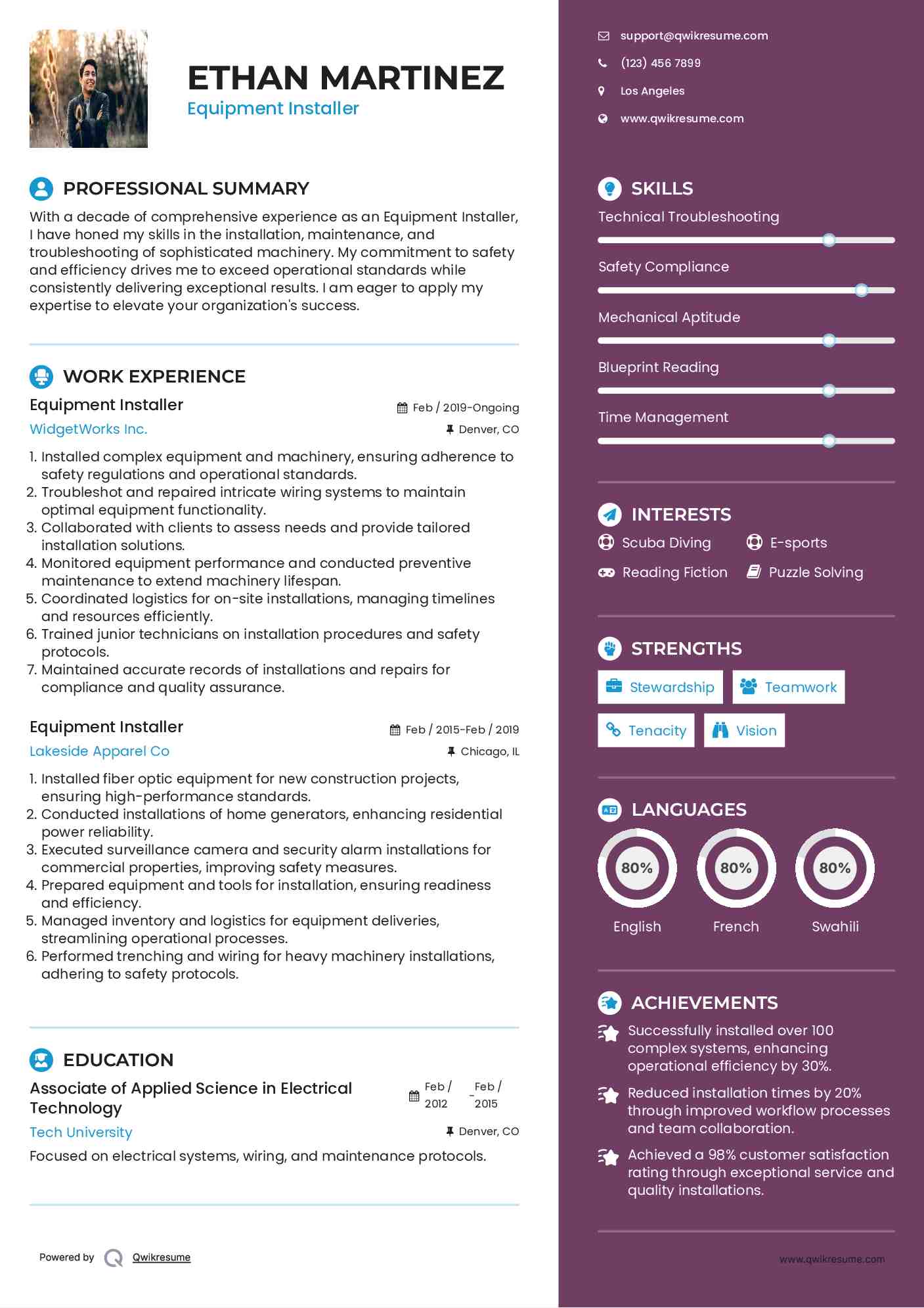 Equipment Installer Resume Sample