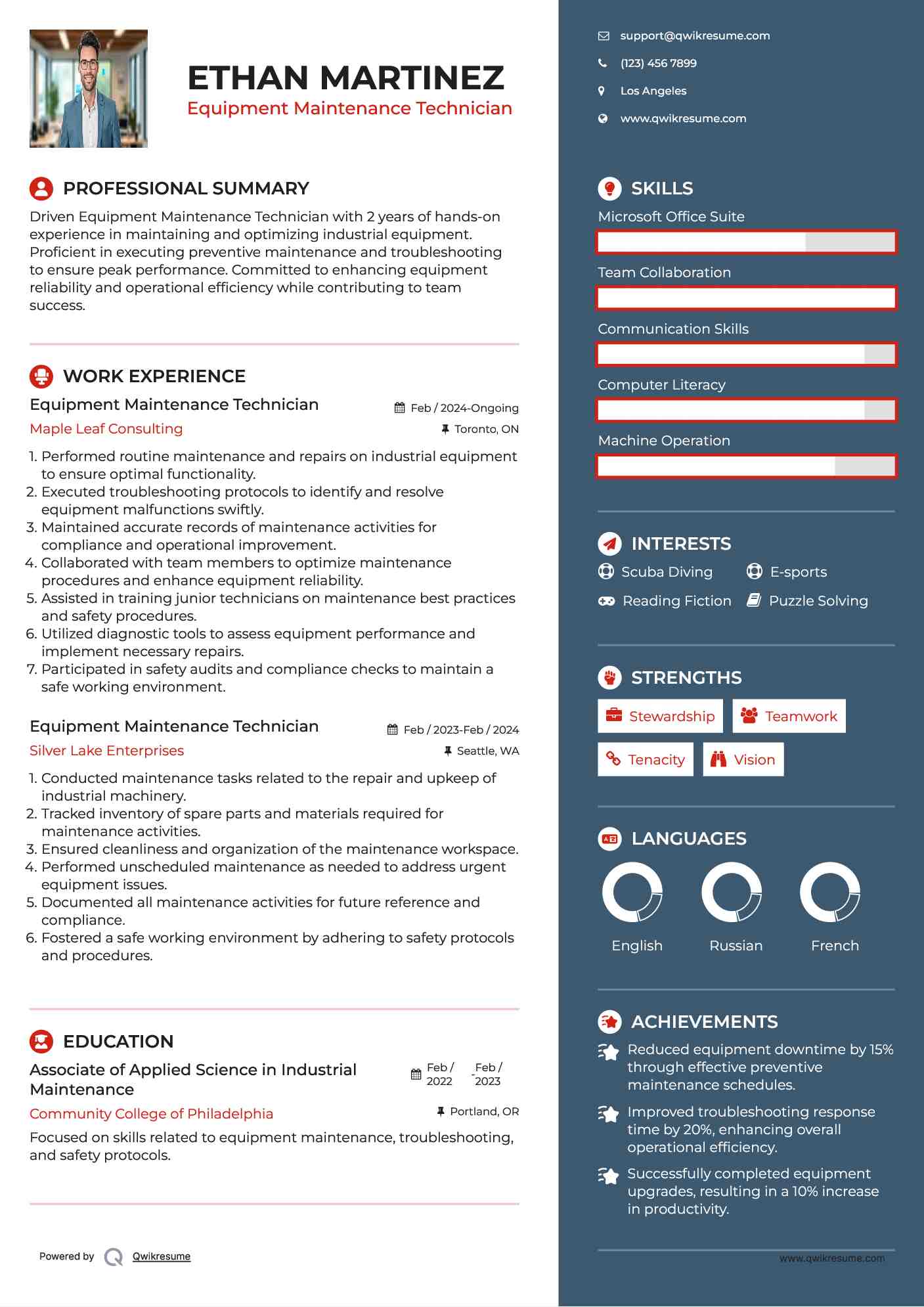 Equipment Maintenance Technician Resume Example