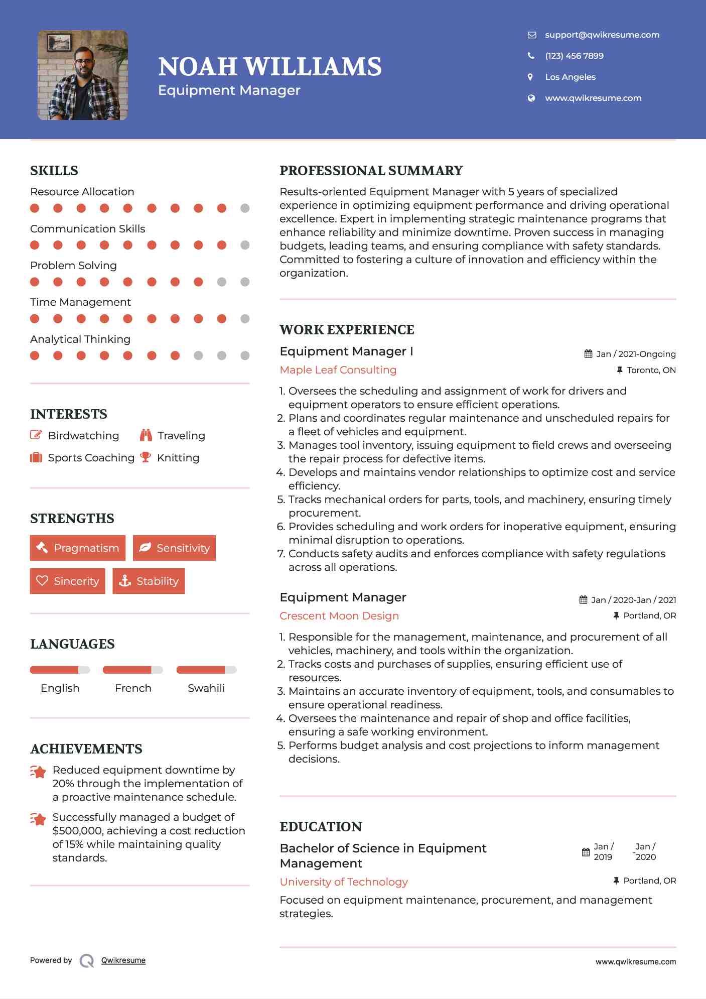 Equipment Manager I Resume Format